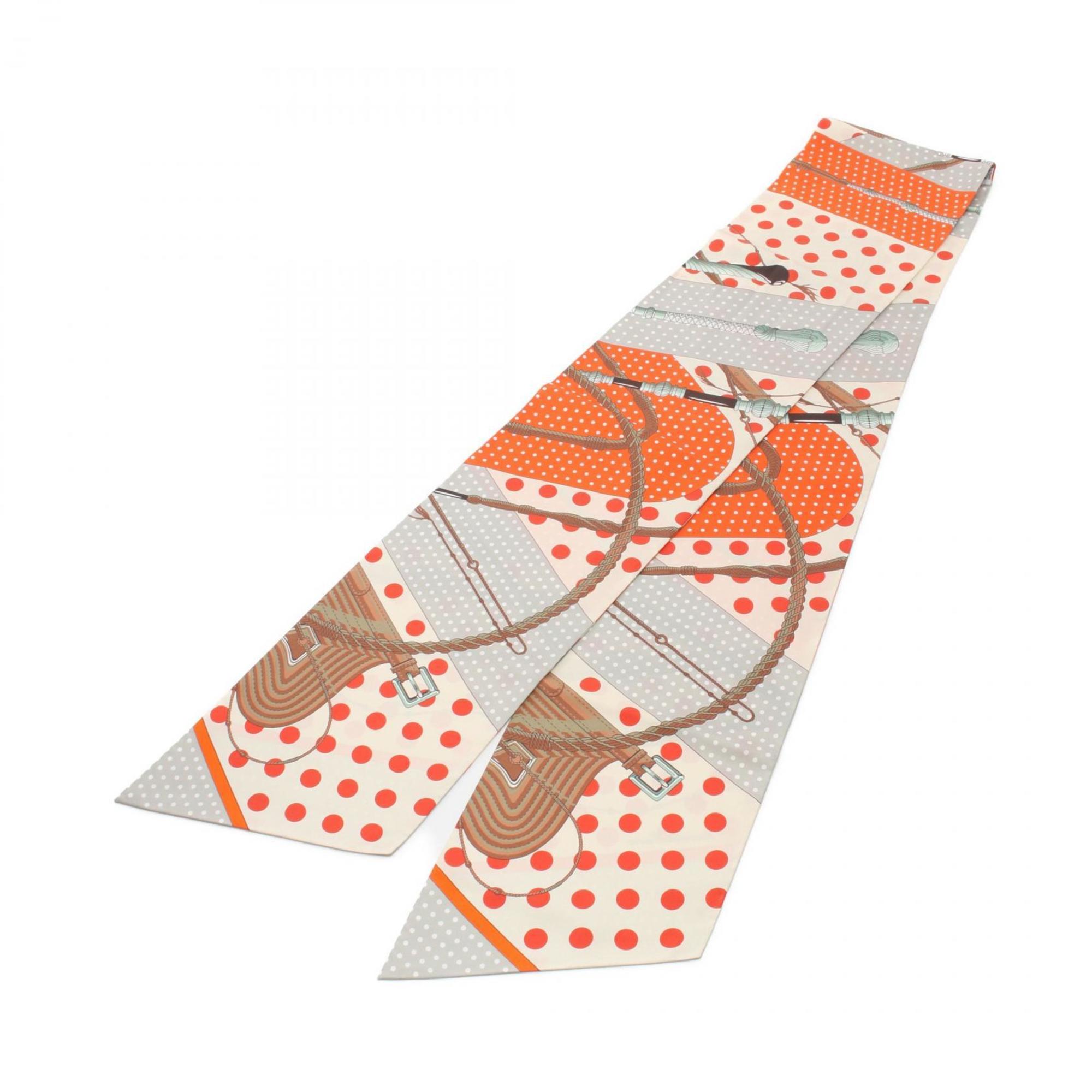 Hermes HERMES Maxi Twilly Clic Clac a Pois Scarf Silk Women's Grey Orange Multicolor