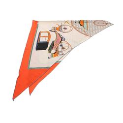 Hermes Triangle Geant Les Voitures a Transformation Scarf Silk Cashmere Women's Beige Orange Multicolor