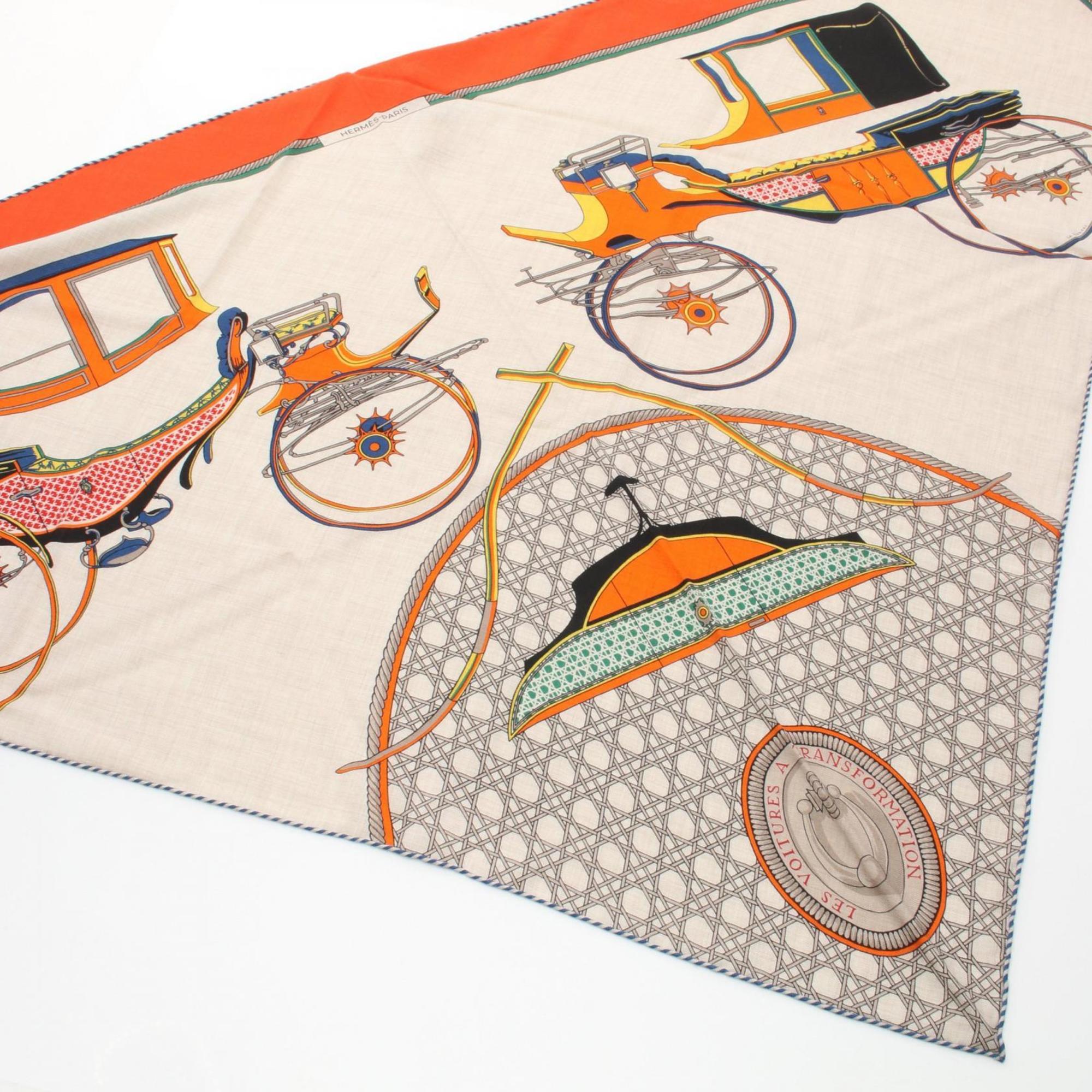 Hermes Triangle Geant Les Voitures a Transformation Scarf Silk Cashmere Women's Beige Orange Multicolor