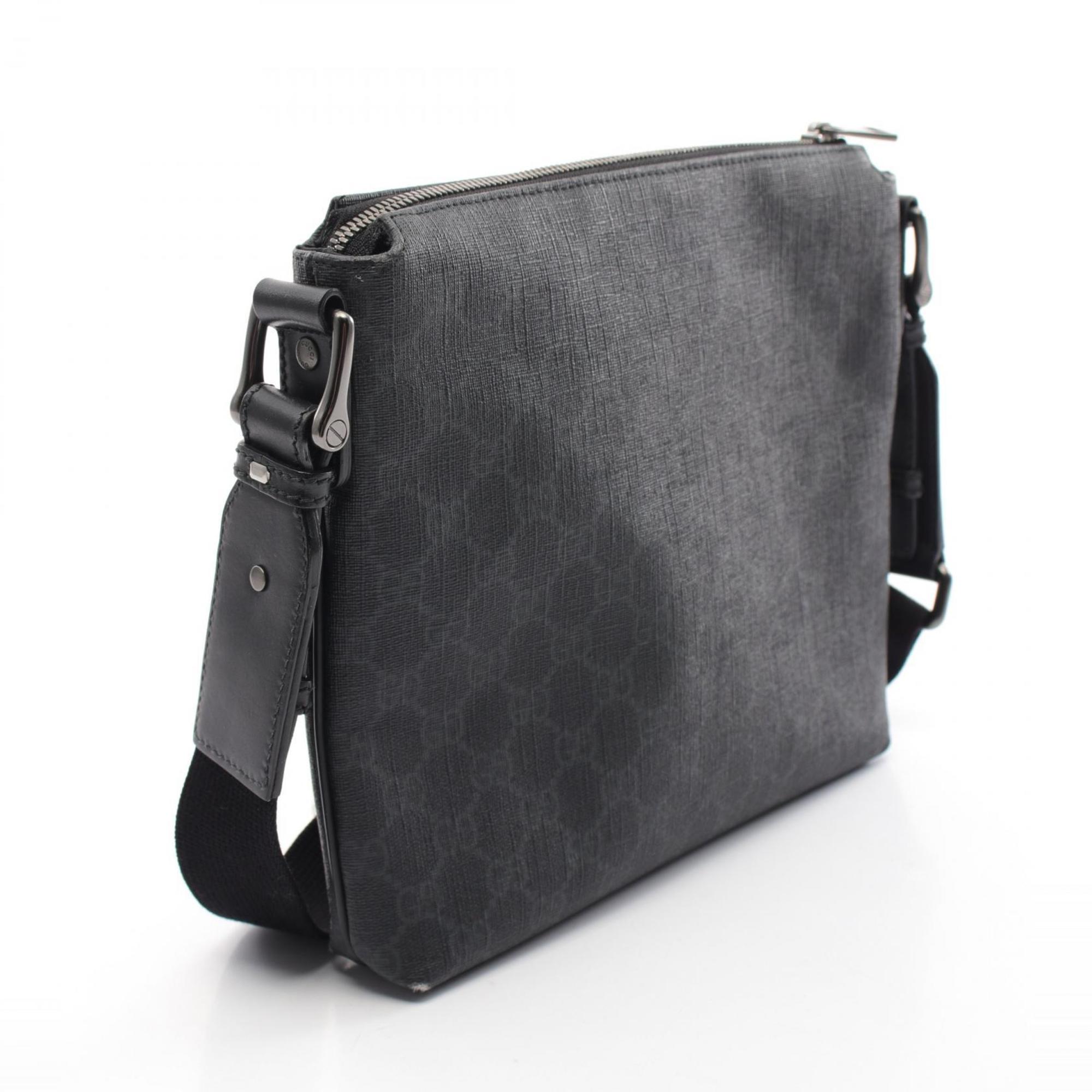 Gucci GG Supreme Shoulder Bag, Coated Canvas, Leather, Men's, Black, Grey, 387514