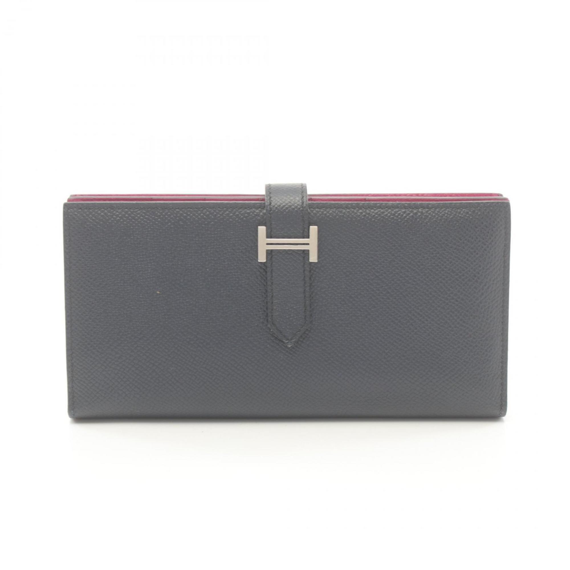 Hermes HERMES Bearn Soufflet Verso Bi-fold Long Wallet Epsom Leather Women's Navy Pink A