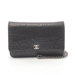 CHANEL Camellia Shoulder Bag, Lambskin, Women's, Black, 7421