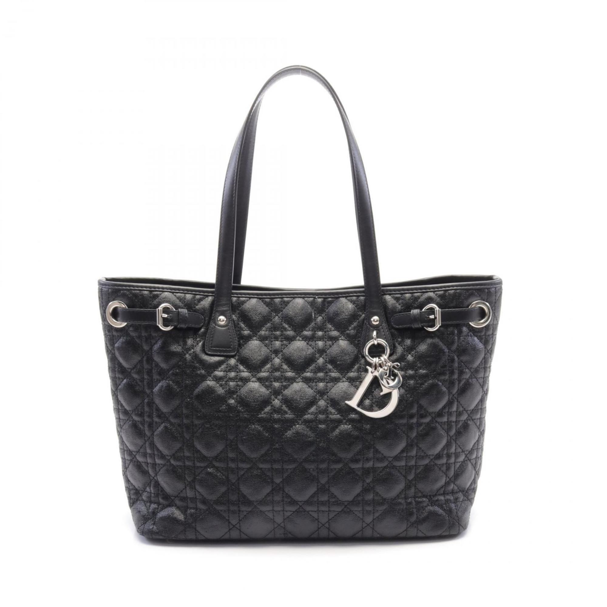 Christian Dior Lady Cannage Pana Tote Bag Coated Canvas Leather Women's Black