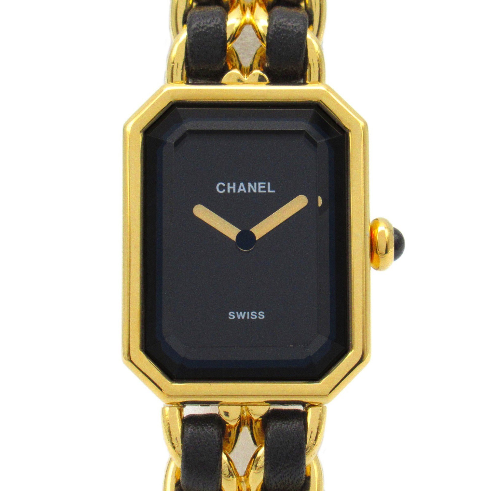 CHANEL Premiere L Watch GP (Gold Plated) Leather Ladies Black H0001