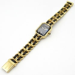 CHANEL Premiere L Watch GP (Gold Plated) Leather Ladies Black H0001