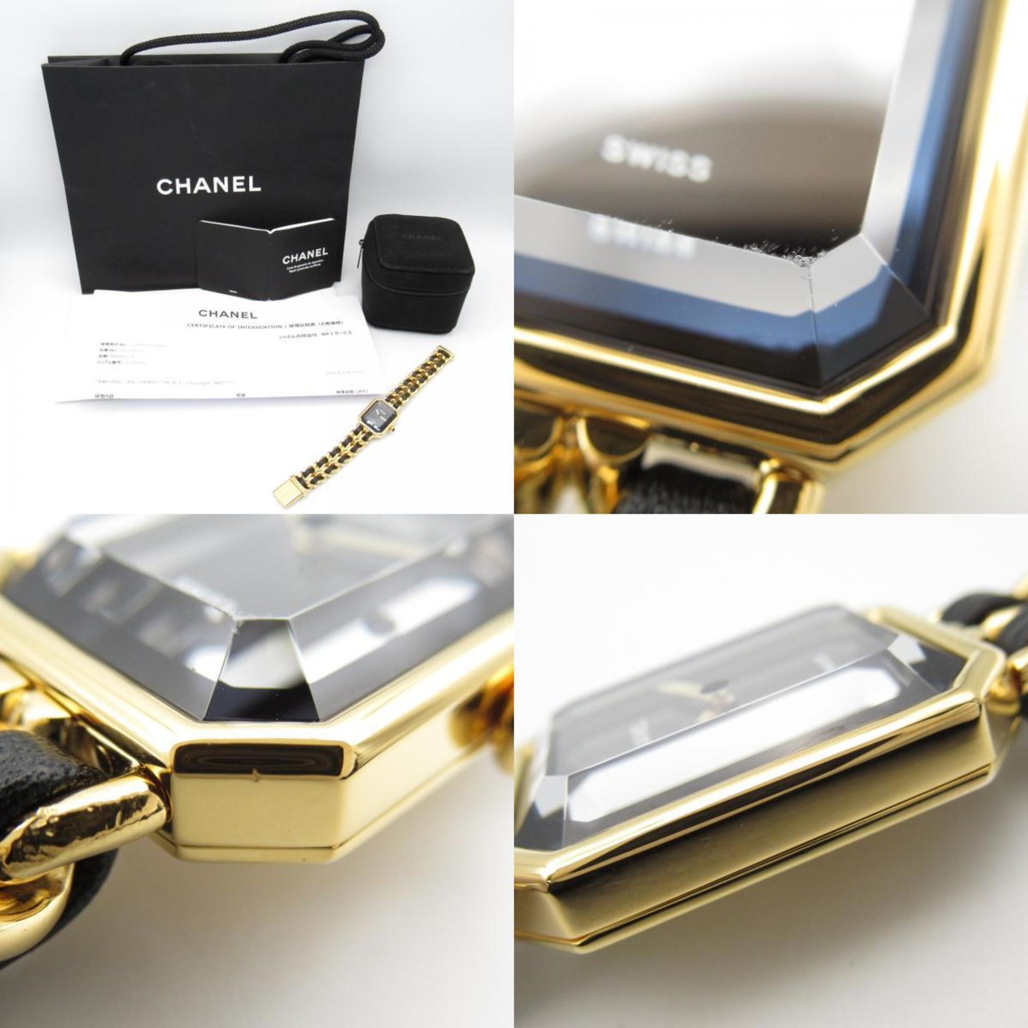 CHANEL Premiere L Watch GP (Gold Plated) Leather Ladies Black H0001