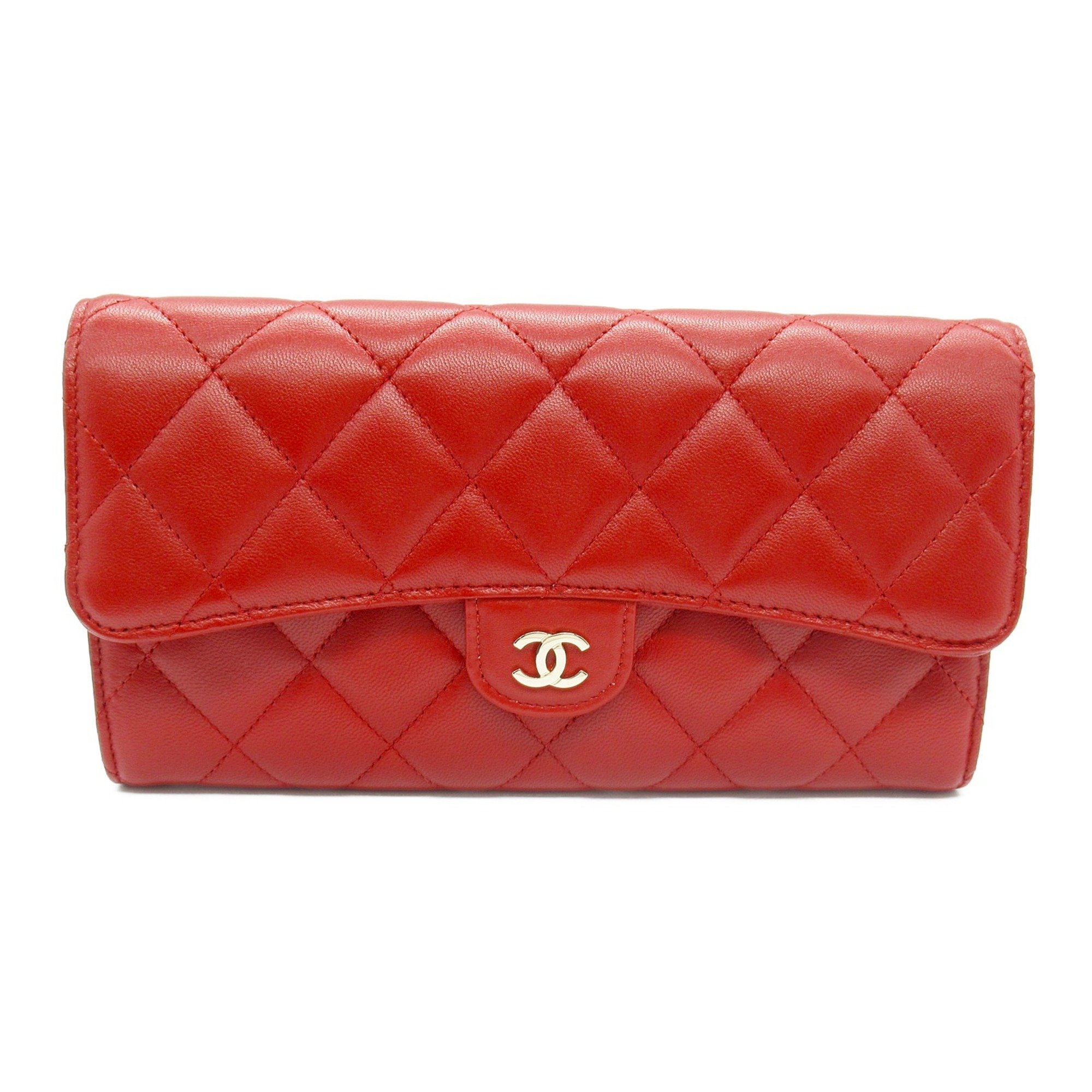 CHANEL Matelasse Zip Long Wallet, Bi-fold Lambskin (Sheepskin), Women's, Red