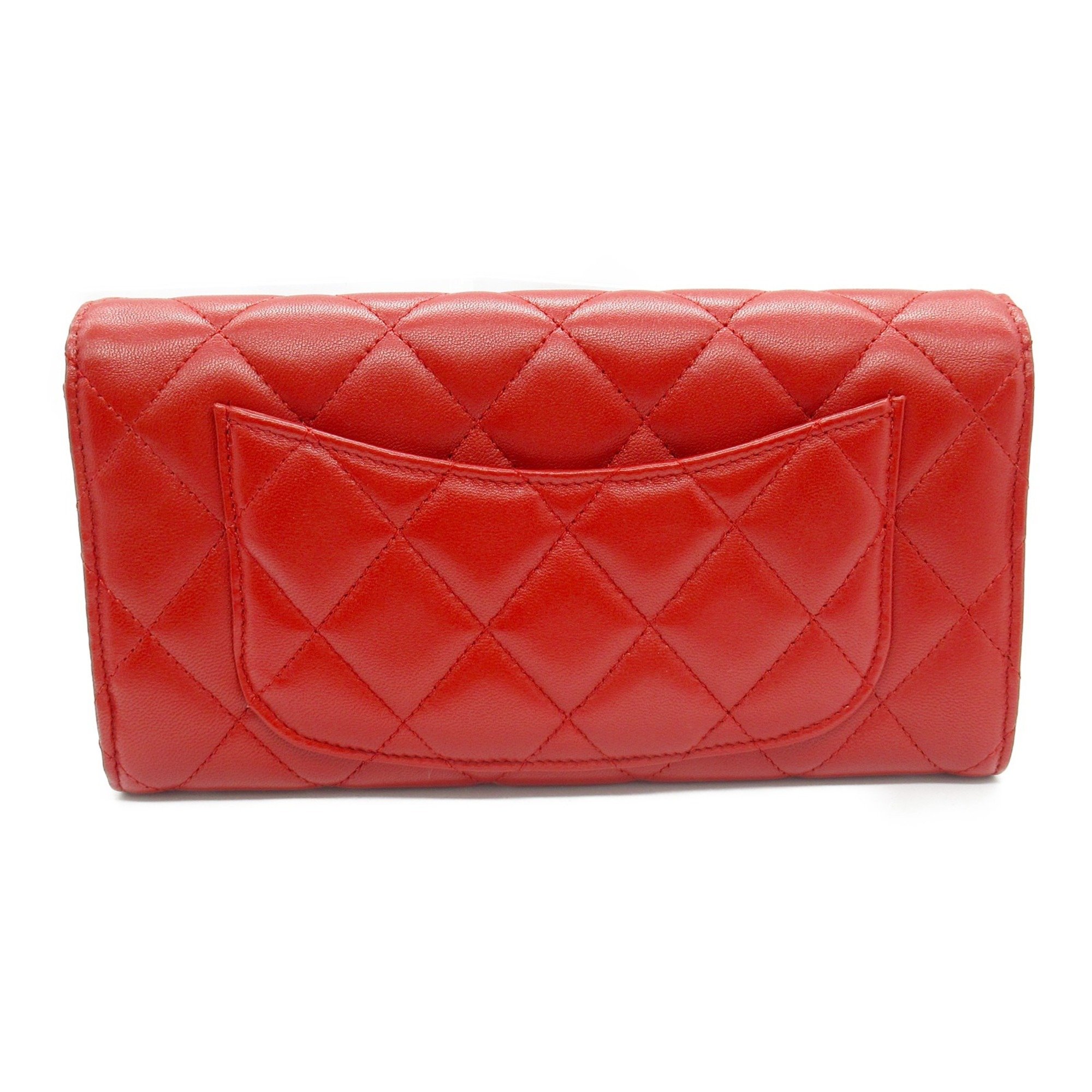 CHANEL Matelasse Zip Long Wallet, Bi-fold Lambskin (Sheepskin), Women's, Red