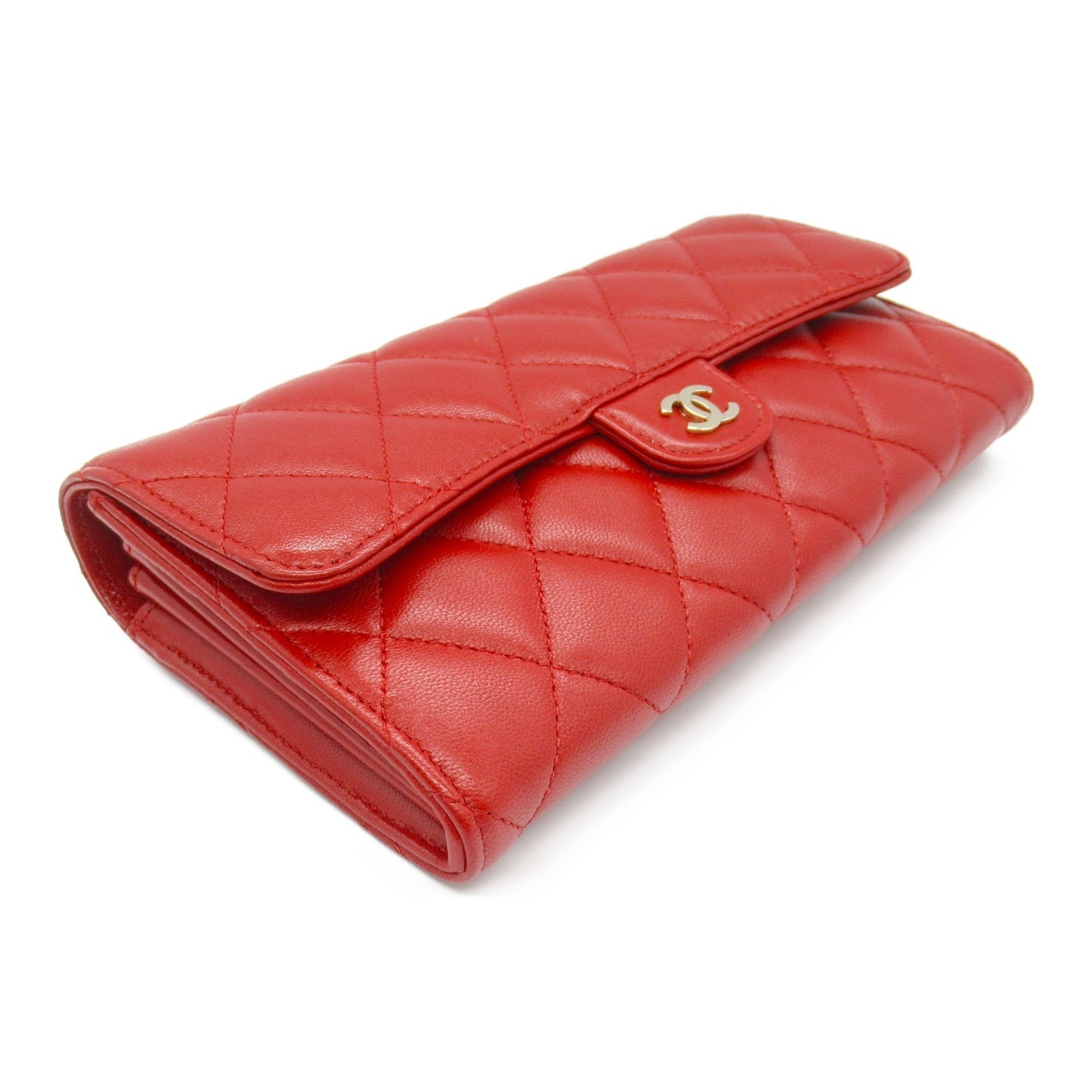 CHANEL Matelasse Zip Long Wallet, Bi-fold Lambskin (Sheepskin), Women's, Red