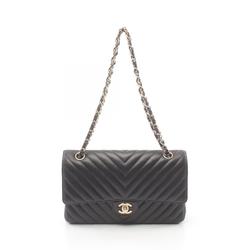 CHANEL Chevron V-stitch W-flap shoulder bag, lambskin, women's, black, A01166