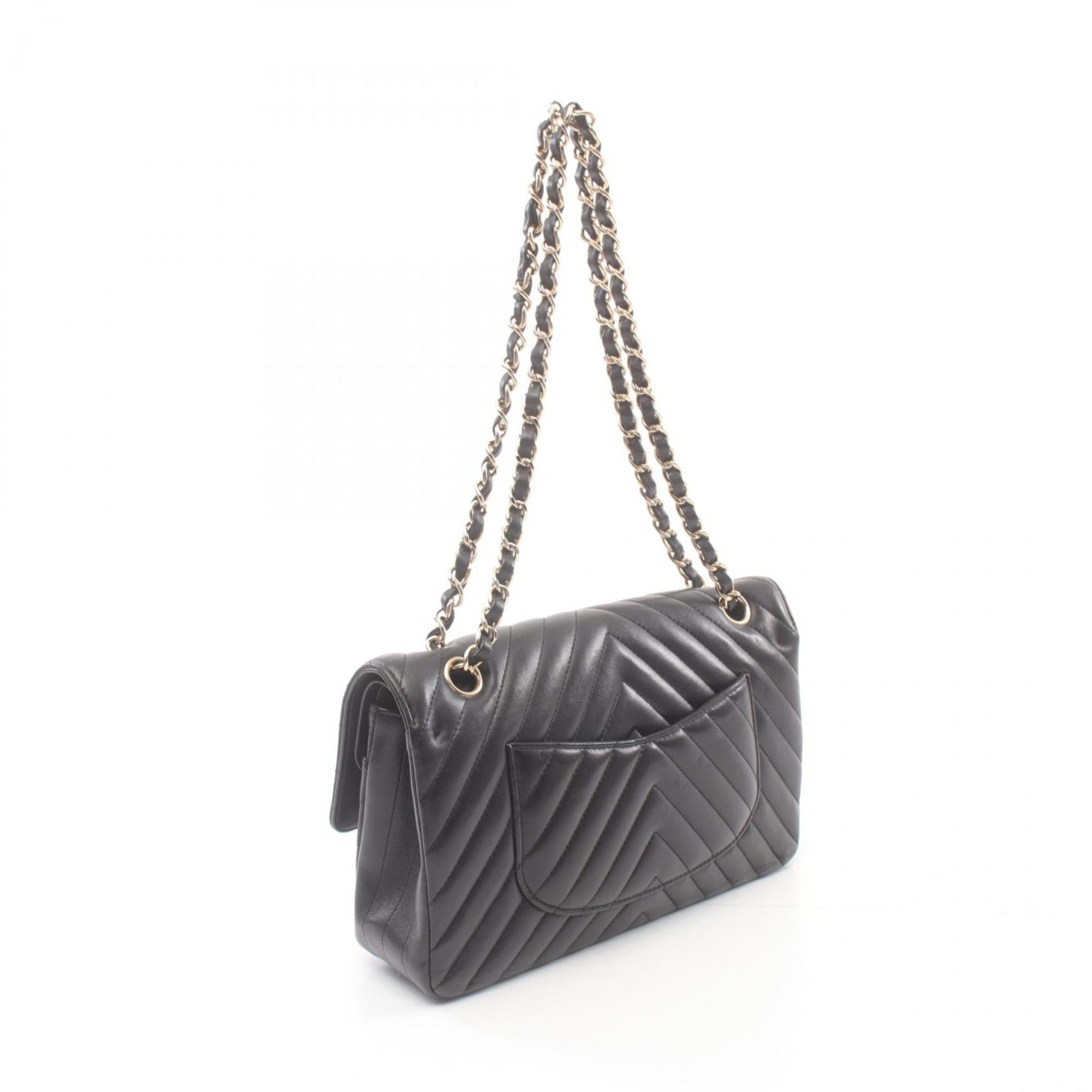 CHANEL Chevron V-stitch W-flap shoulder bag, lambskin, women's, black, A01166