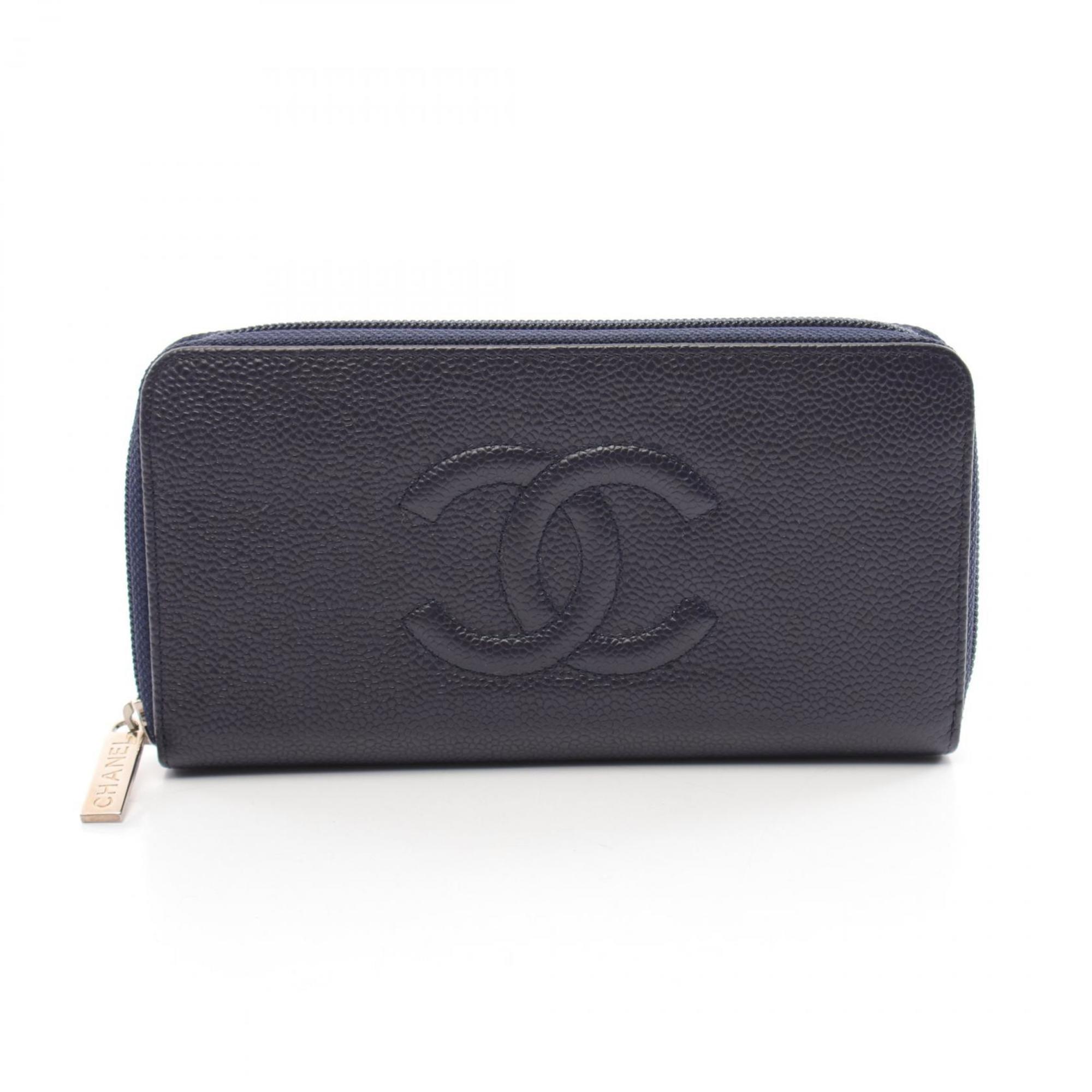 CHANEL Coco Mark Round Long Wallet Caviar Skin (Grained Calf) Women's Navy A50071