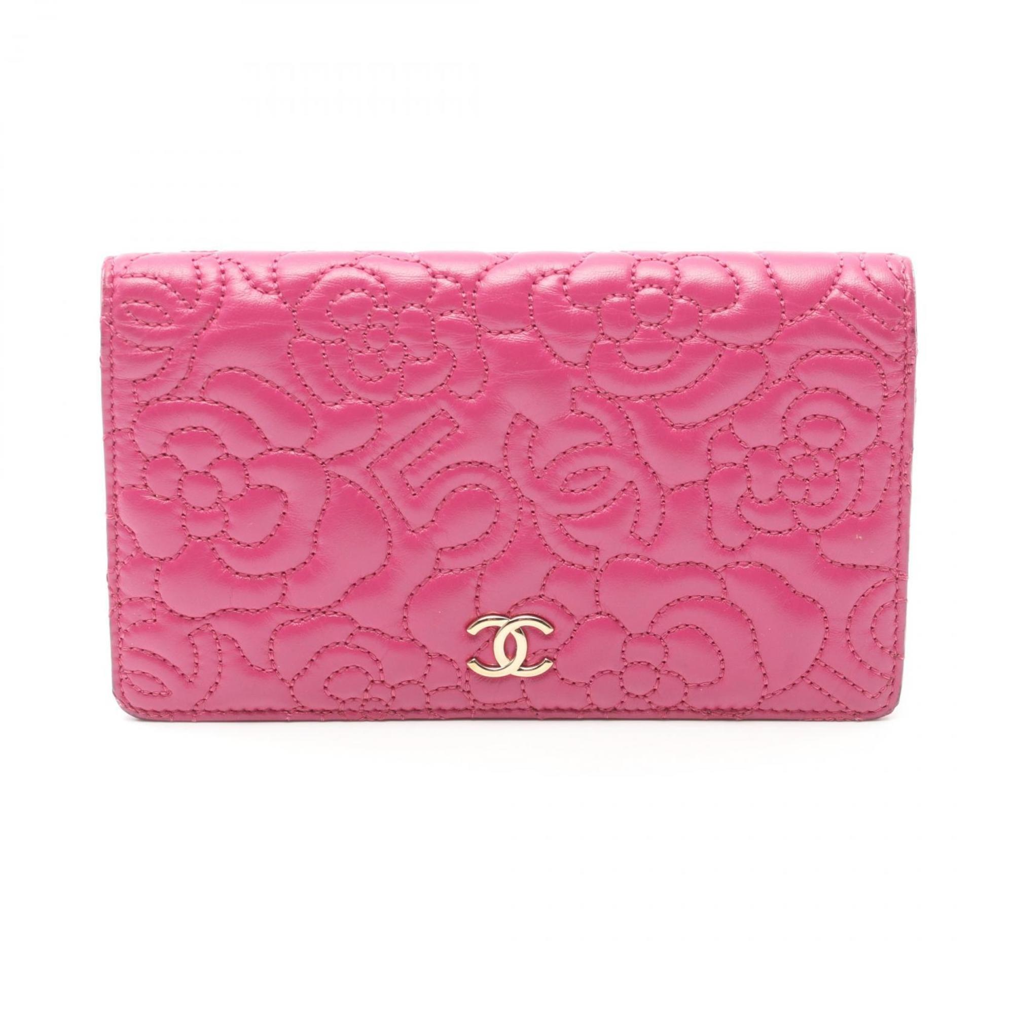 CHANEL Camellia Bi-fold Wallet, Lambskin, Women's, Pink, A70618