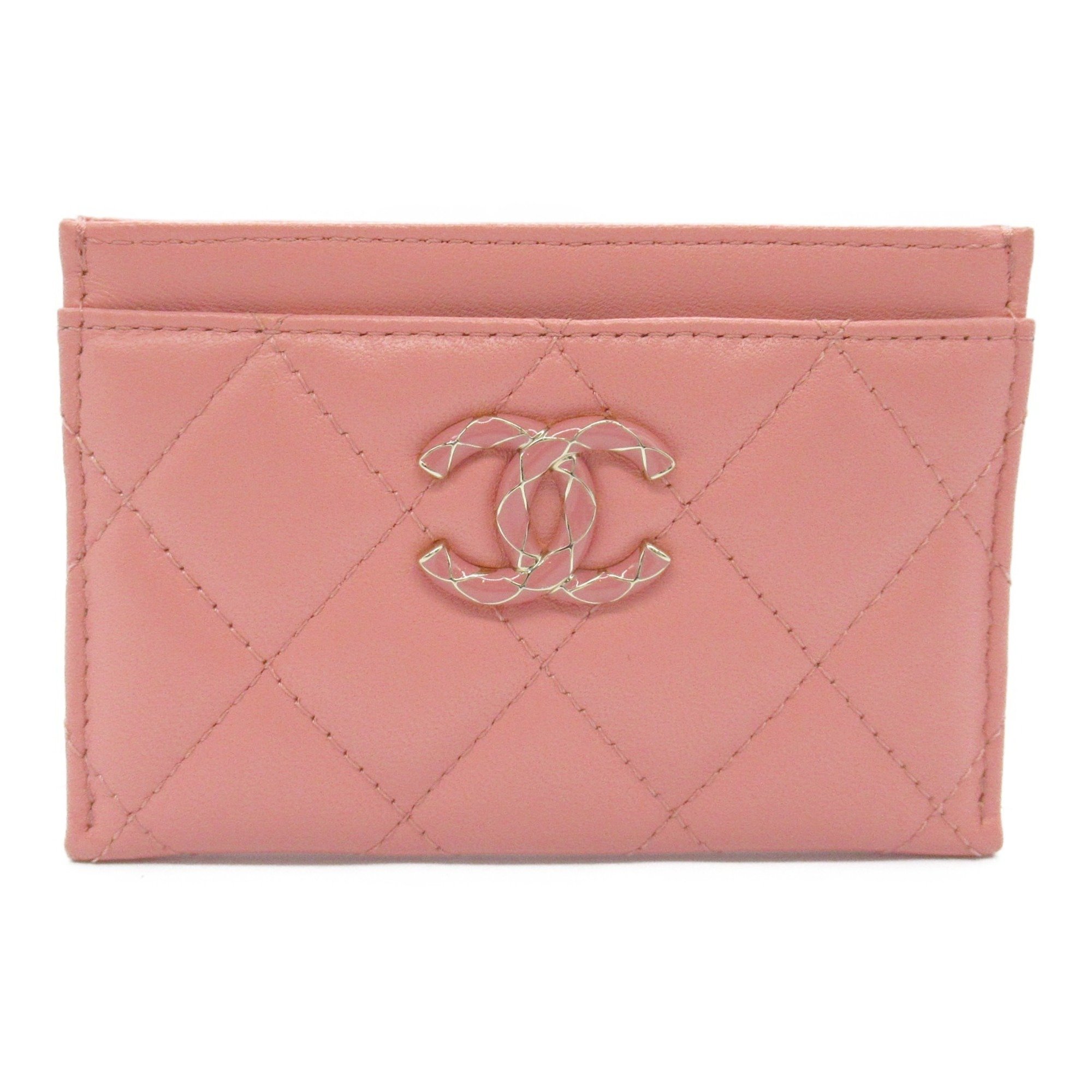 CHANEL Matelasse Business Card Holder/Card Case Lambskin (Sheepskin) Women's Pink