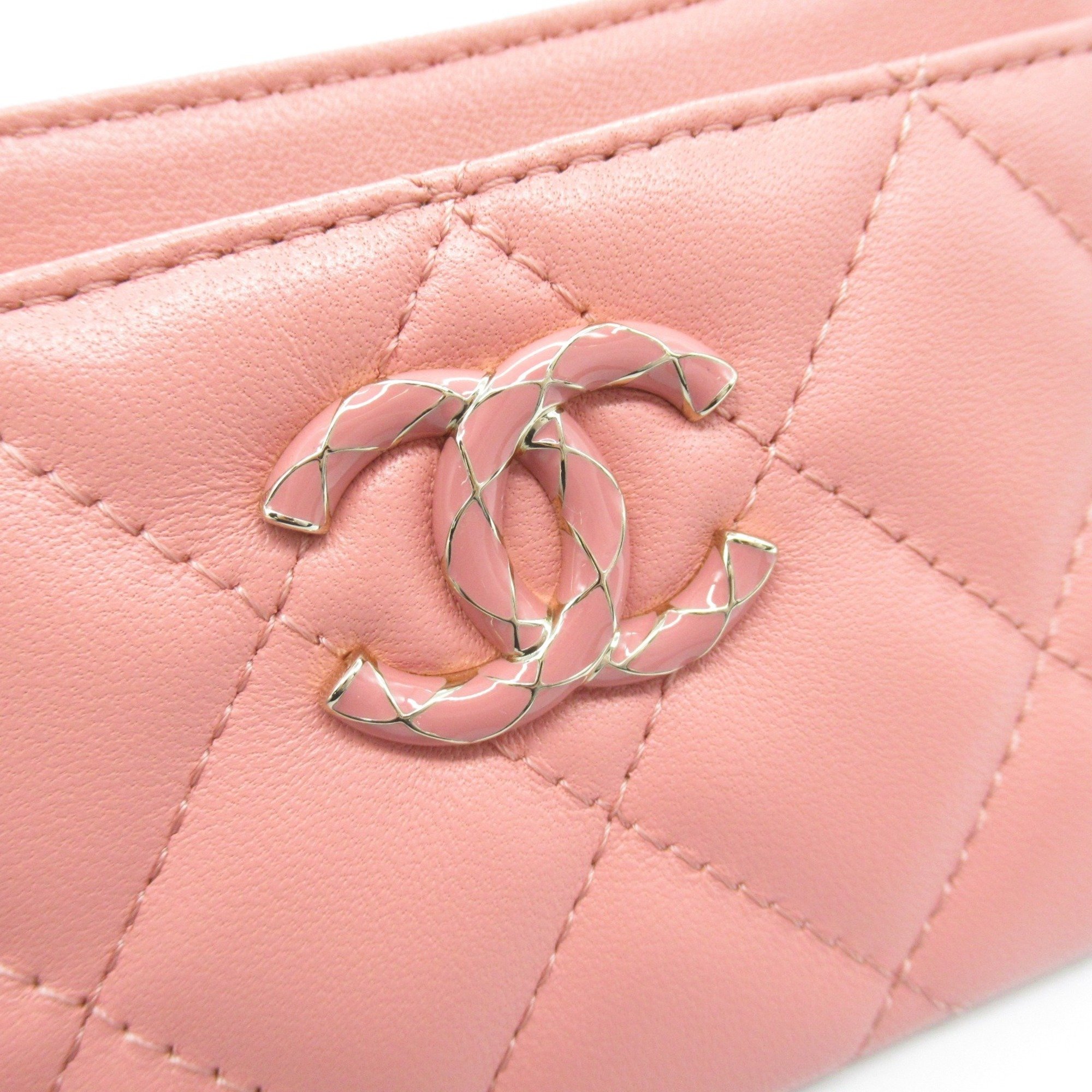 CHANEL Matelasse Business Card Holder/Card Case Lambskin (Sheepskin) Women's Pink