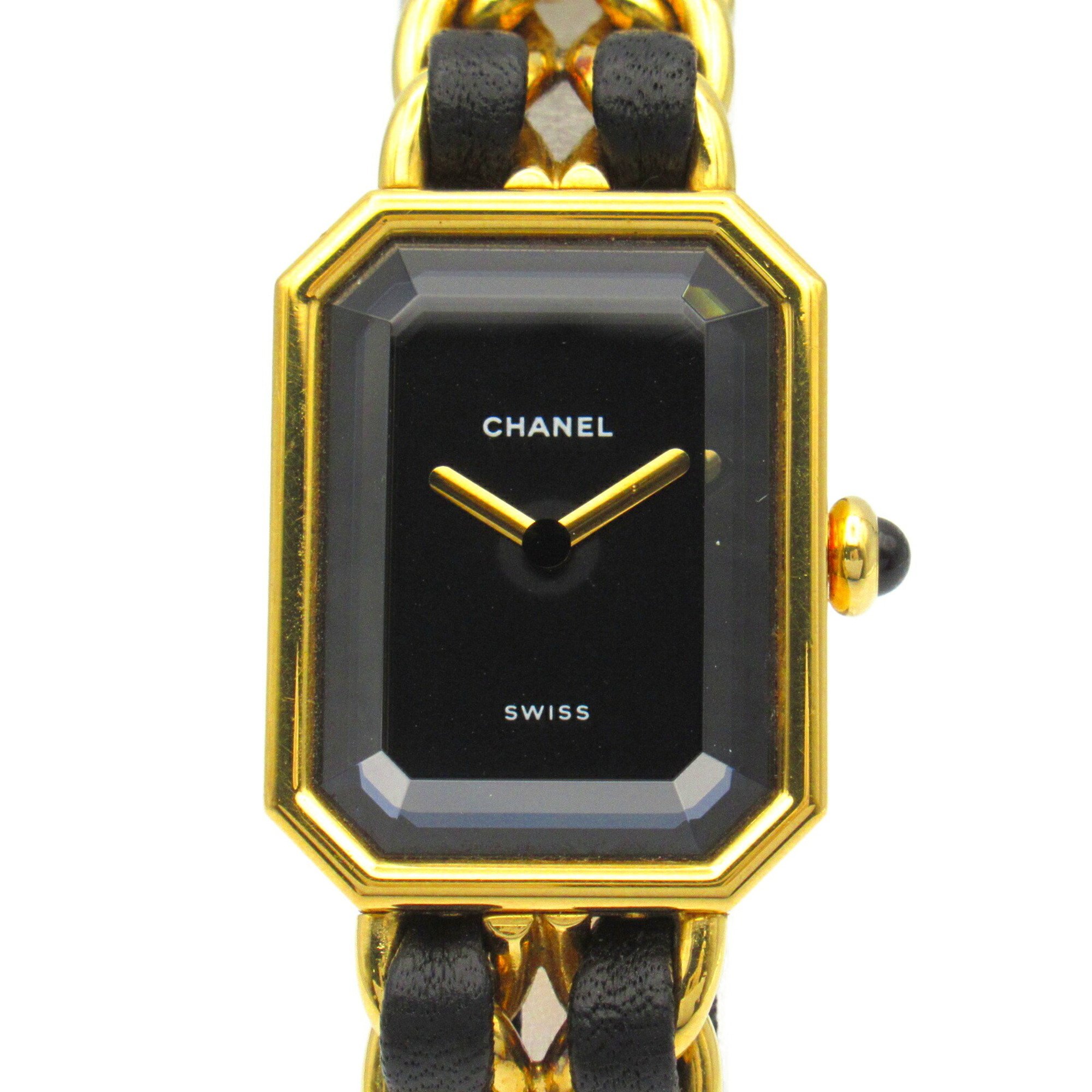 CHANEL Premiere L Watch GP (Gold Plated) Leather Strap Women's Black H0001