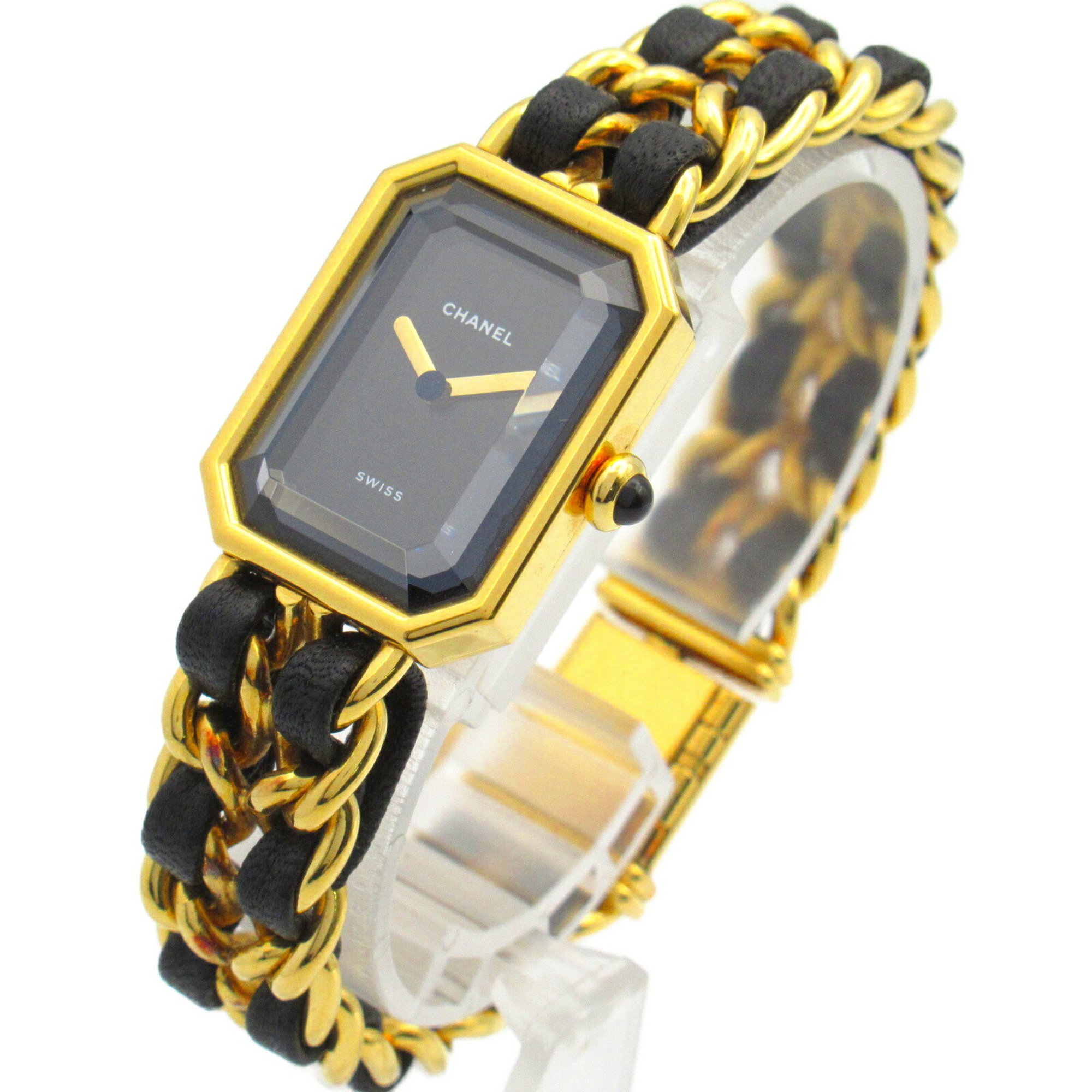 CHANEL Premiere L Watch GP (Gold Plated) Leather Strap Women's Black H0001