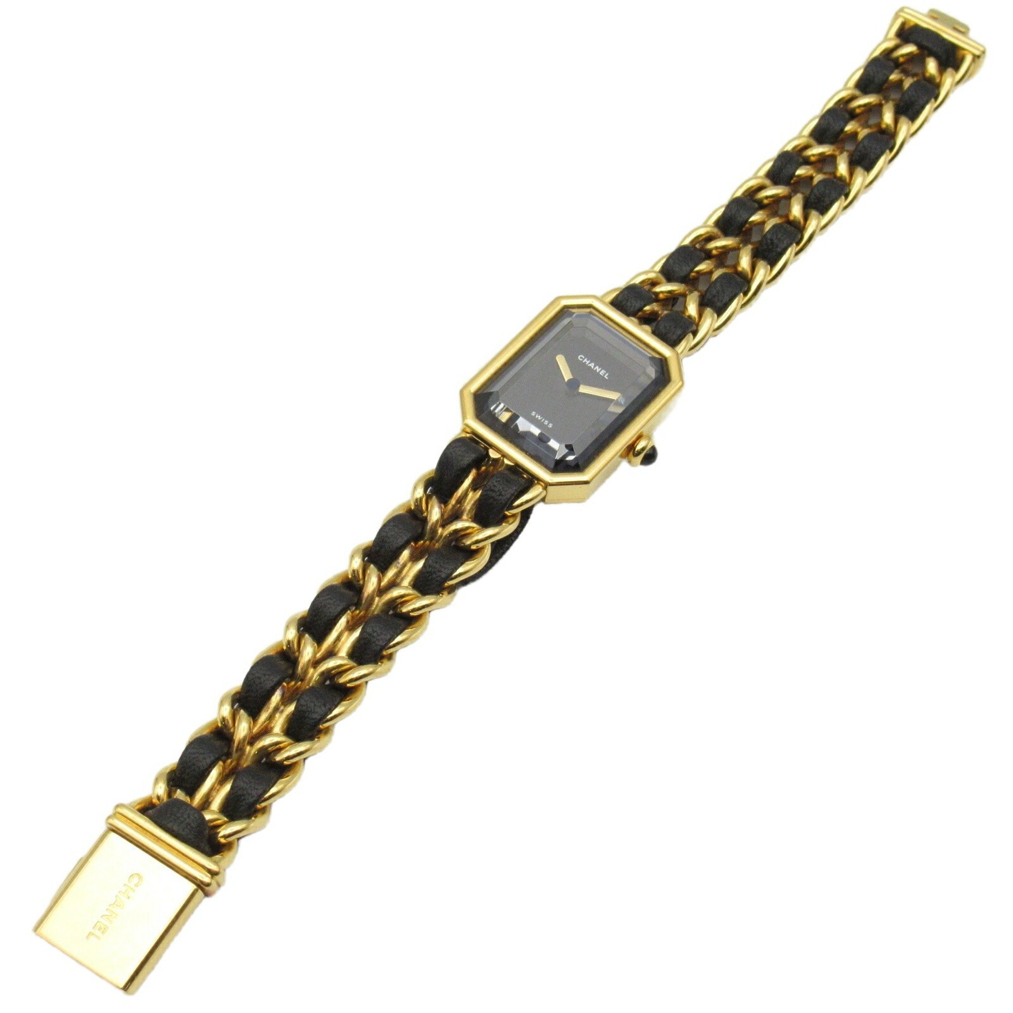 CHANEL Premiere L Watch GP (Gold Plated) Leather Strap Women's Black H0001