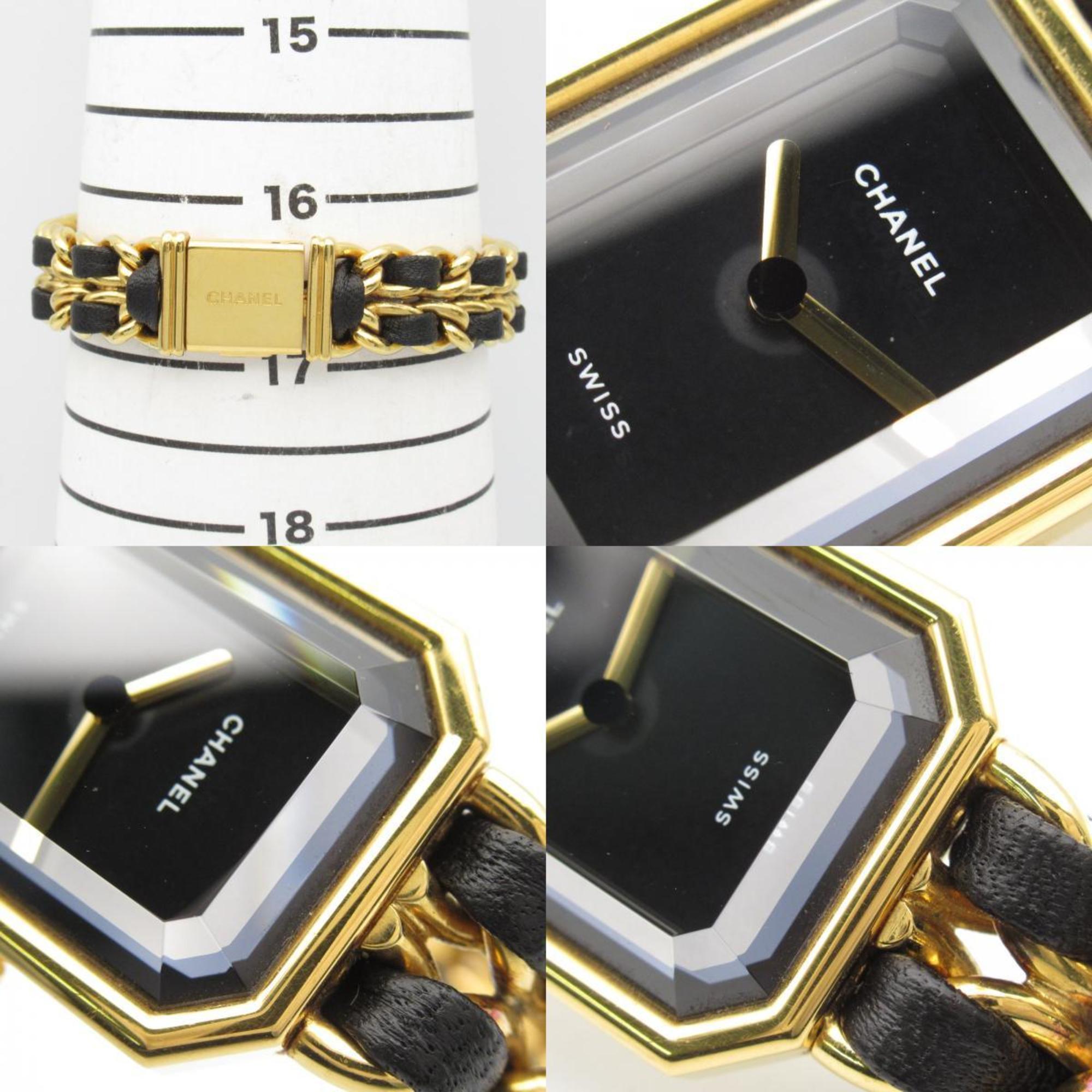 CHANEL Premiere L Watch GP (Gold Plated) Leather Strap Women's Black H0001