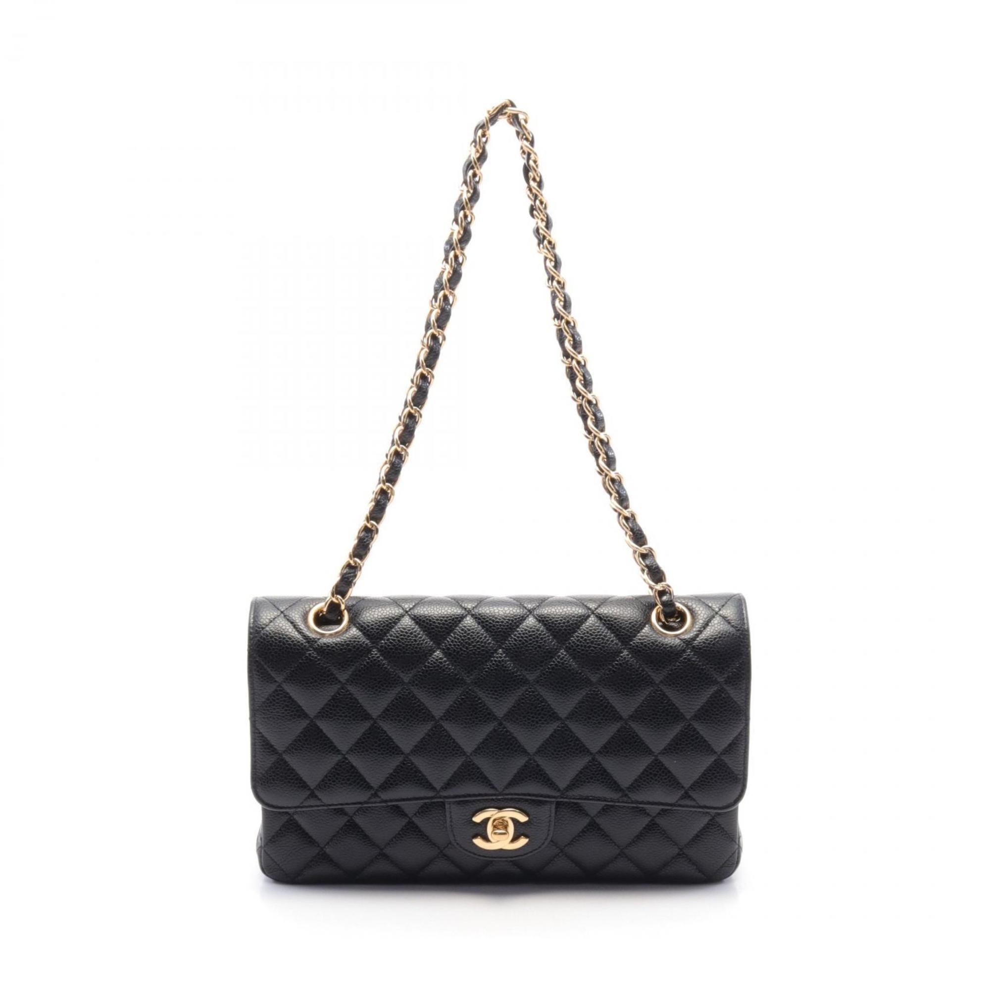 CHANEL Matelasse W-Flap Shoulder Bag Caviar Skin (Grained Calf) Women's Black A01112