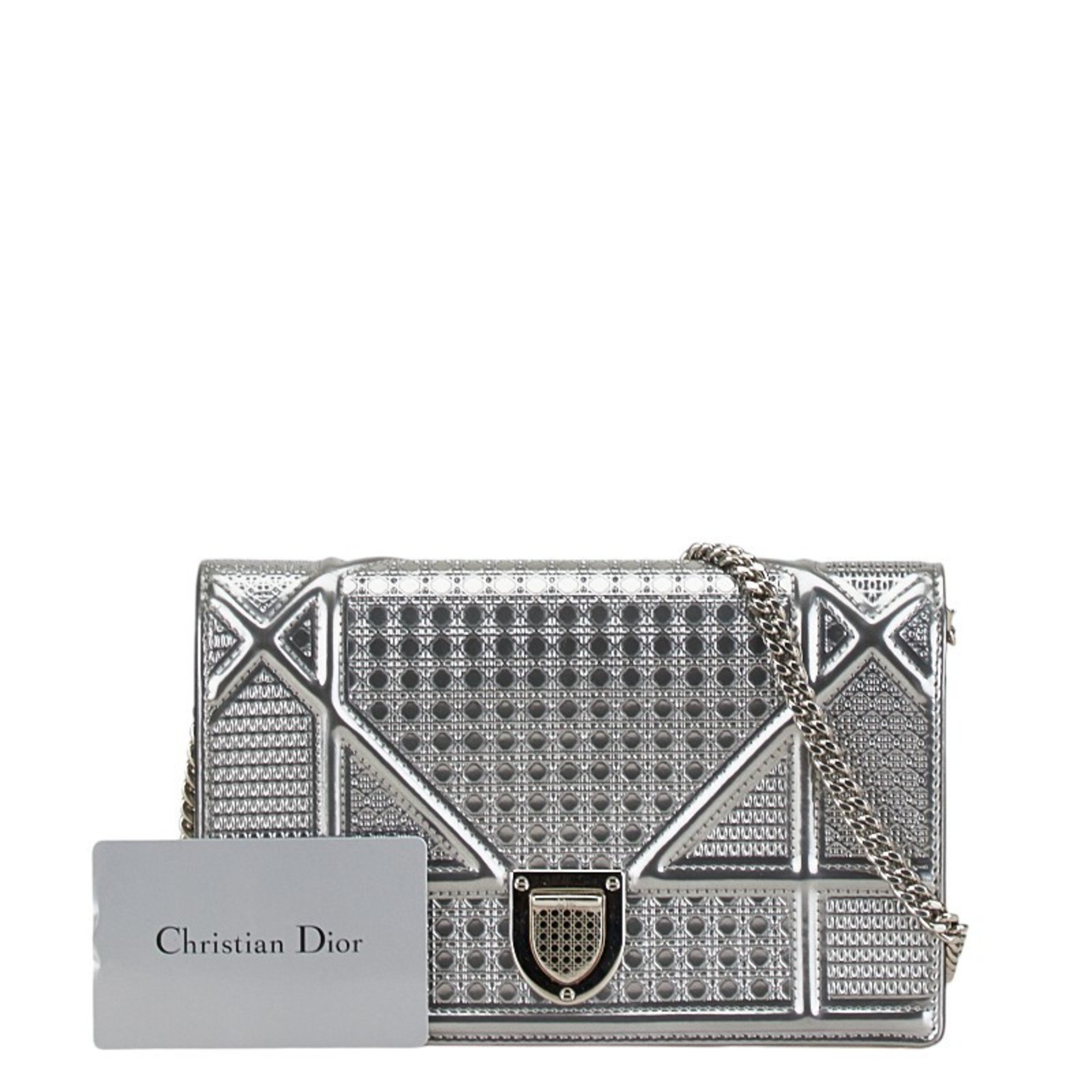 Christian Dior Dior Microcannage Diorama Chain Shoulder Bag Silver Leather Women's