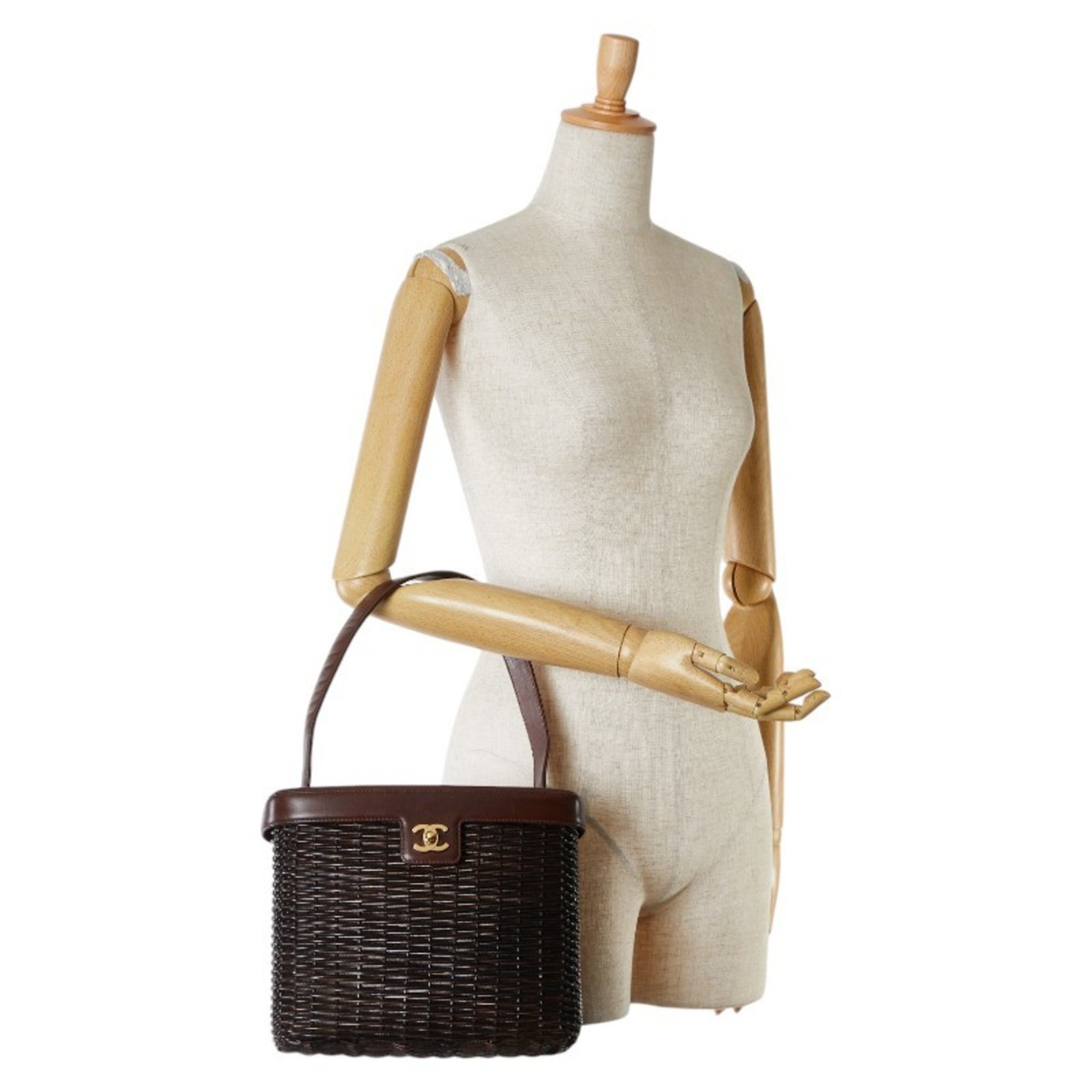 Chanel Coco Mark Basket Bag Handbag Brown Rattan Lambskin Women's CHANEL