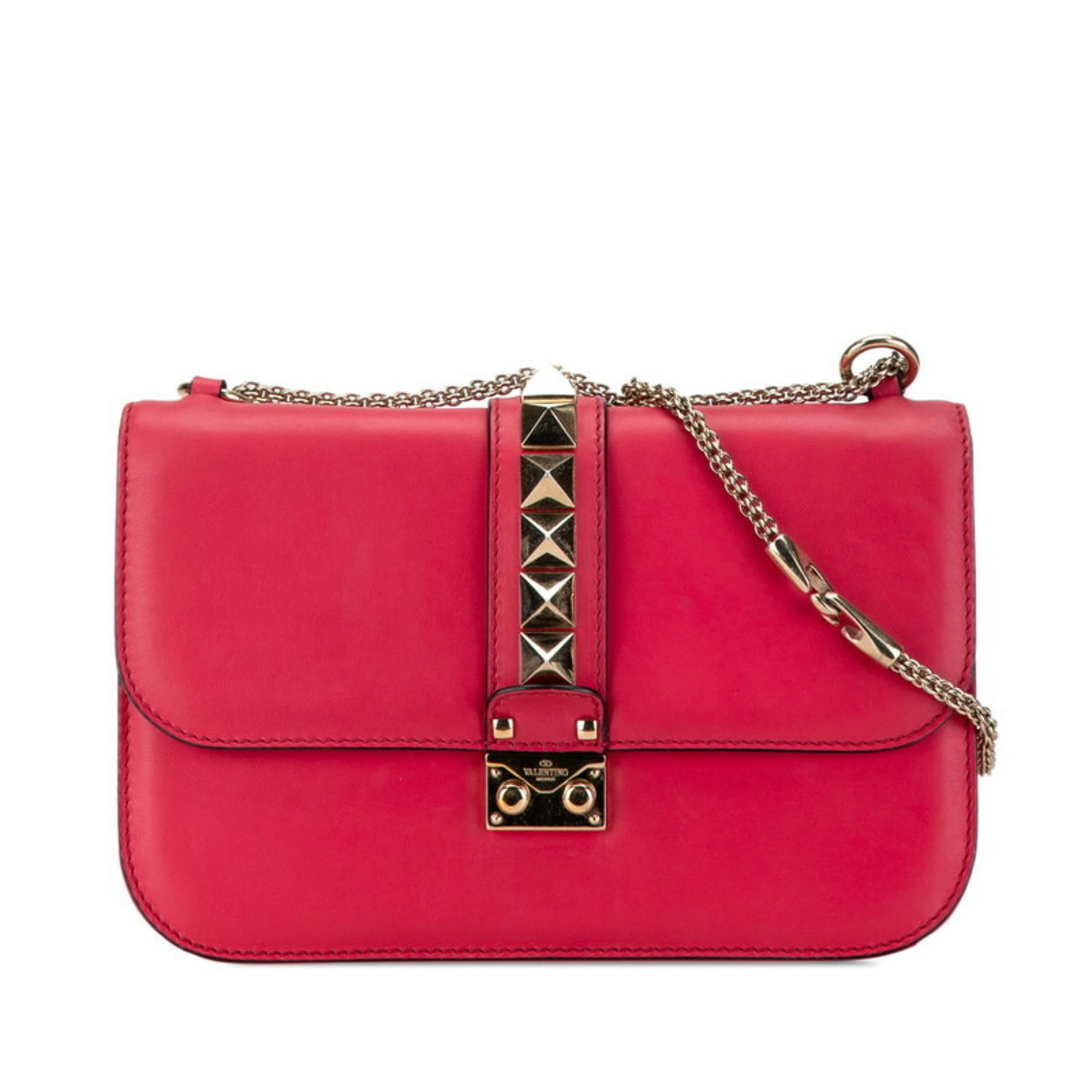 Valentino Rockstud Chain Shoulder Bag Pink Leather Women's