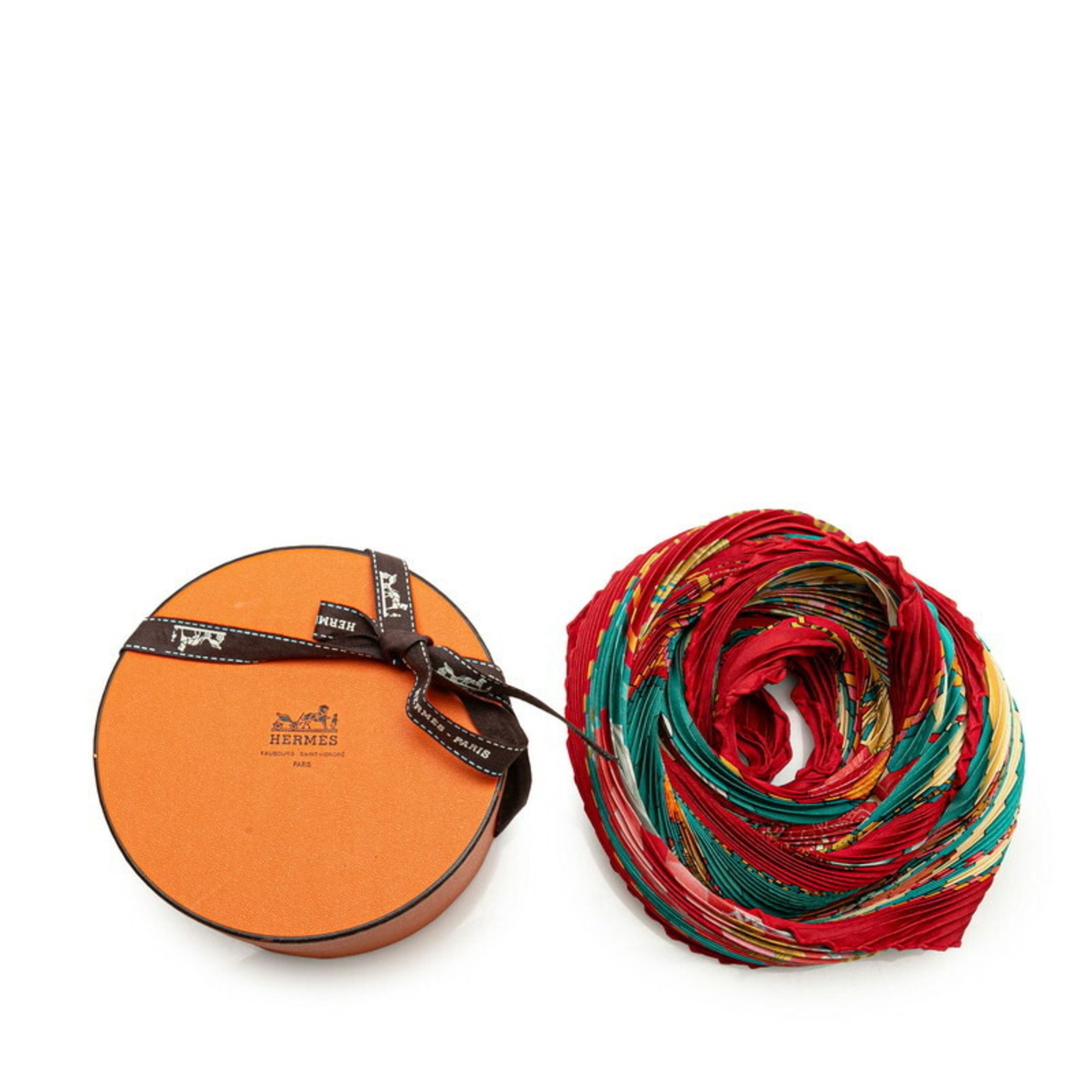 Hermes Pleated Carré CHOCS EN PLUMES Feather Clash Scarf Muffler Red Multicolor Silk Women's HERMES