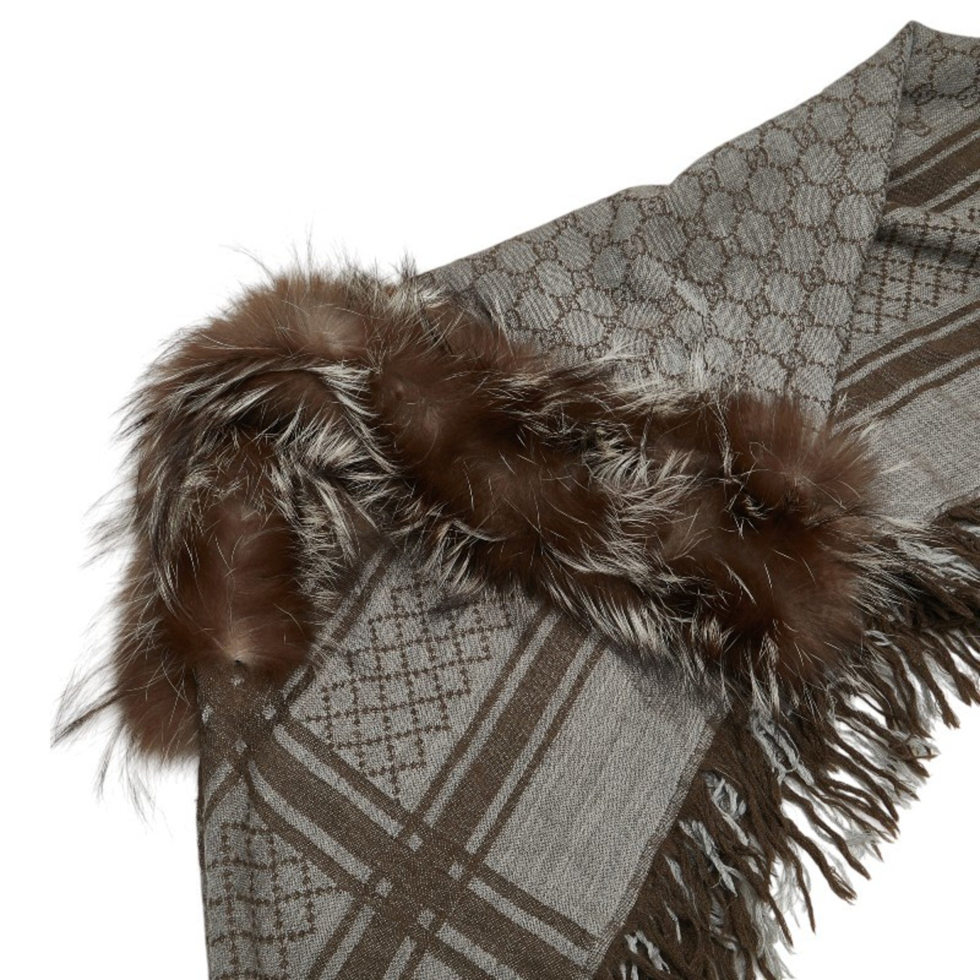 Gucci GG Shawl Scarf 254017 Grey Brown Fur Wool Women's GUCCI