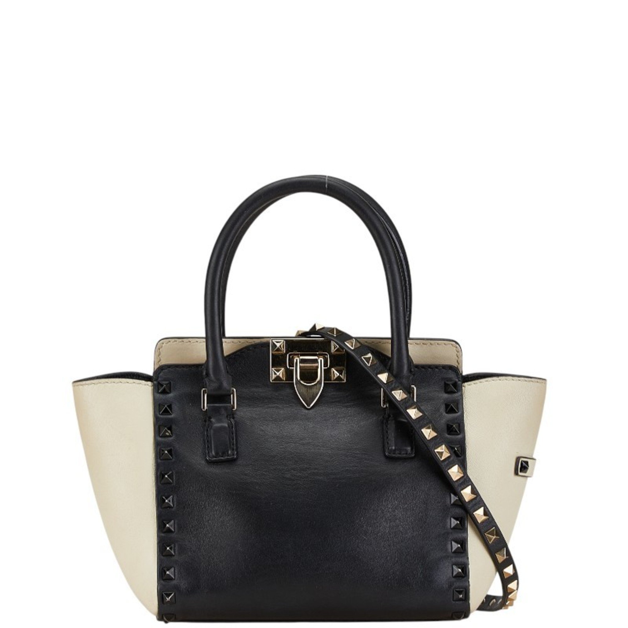 Valentino Rockstud Handbag Shoulder Bag Black Beige Leather Women's