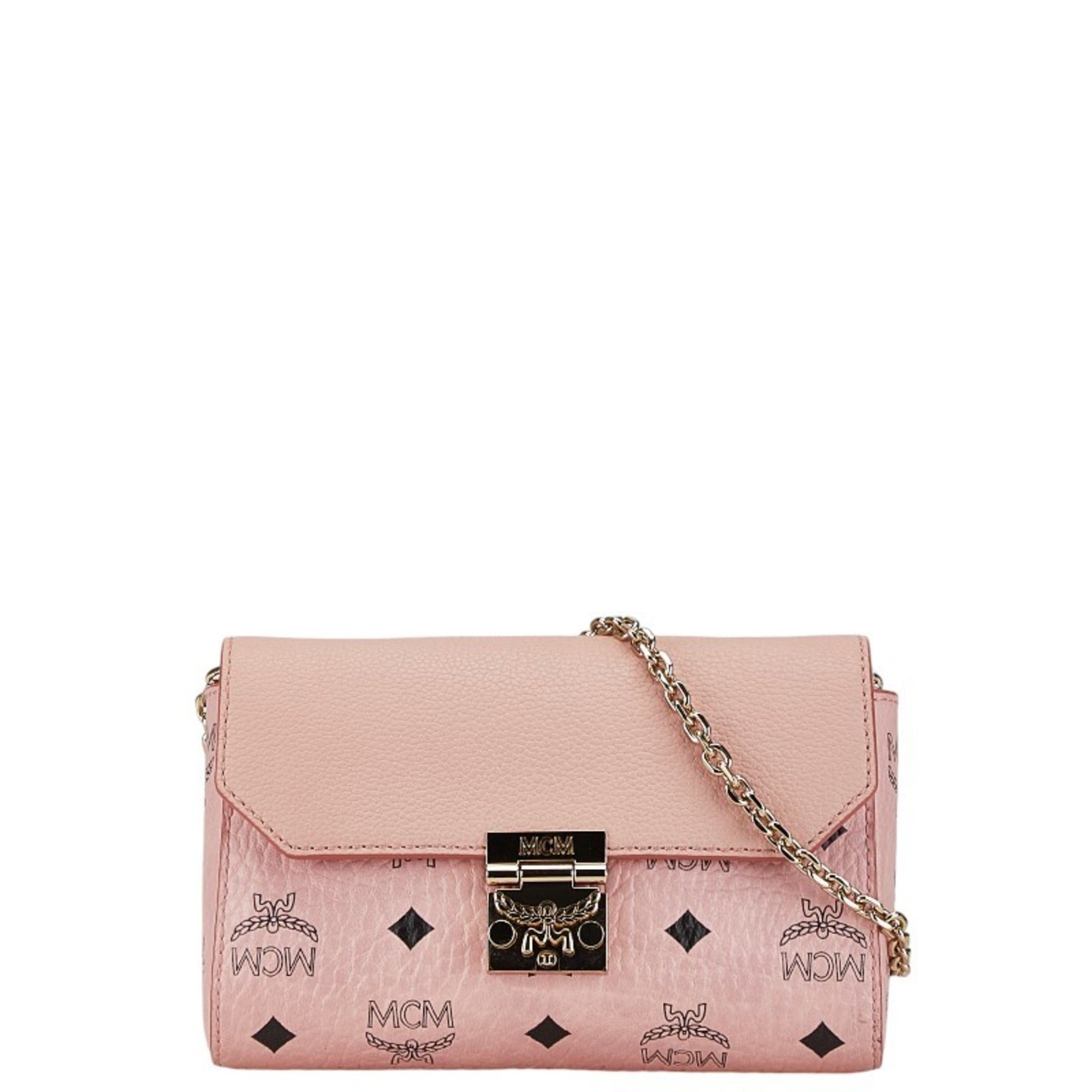 MCM Visetos Glam Chain Shoulder Bag Pink Leather Women's