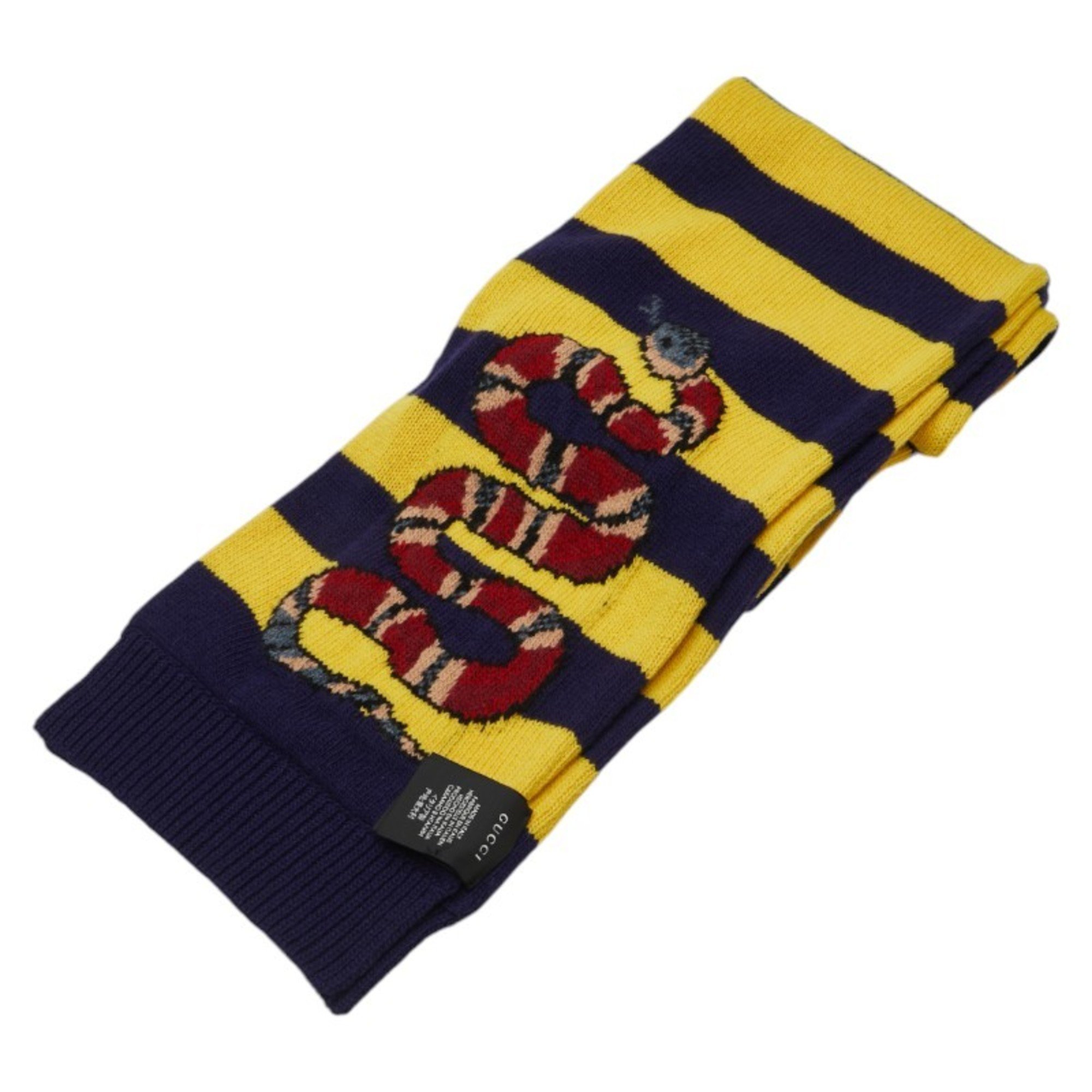 Gucci Border LOVED Snake Motif Scarf Navy Yellow Wool Women's GUCCI