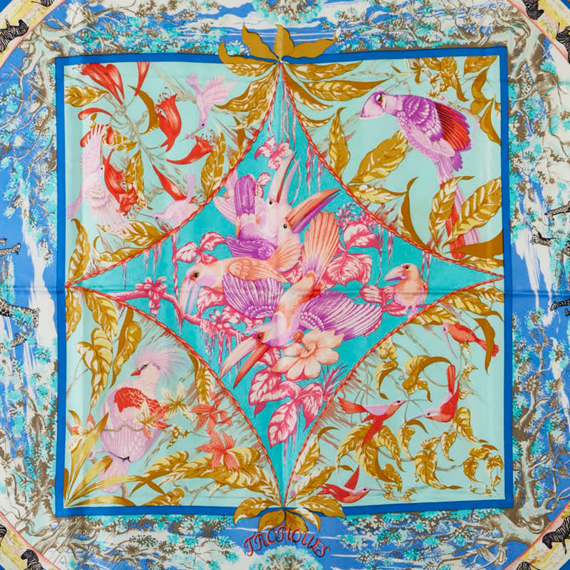 Hermes Carre 90 TROPIQUES Tropical Scarf Muffler Blue Pink Multicolor Silk Women's HERMES