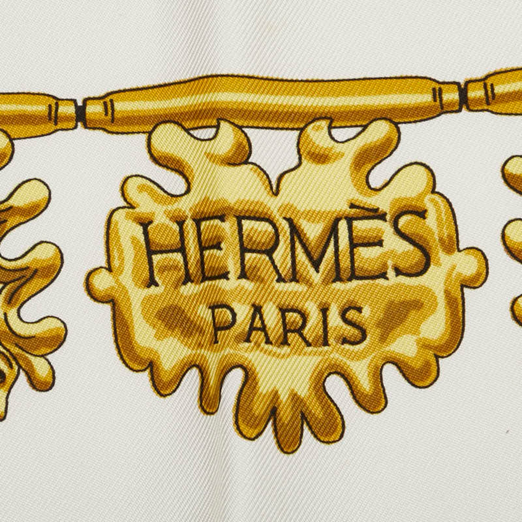 Hermes LES CAVALIERS D'OR Golden Knights Scarf Muffler White Gold Silk Women's HERMES