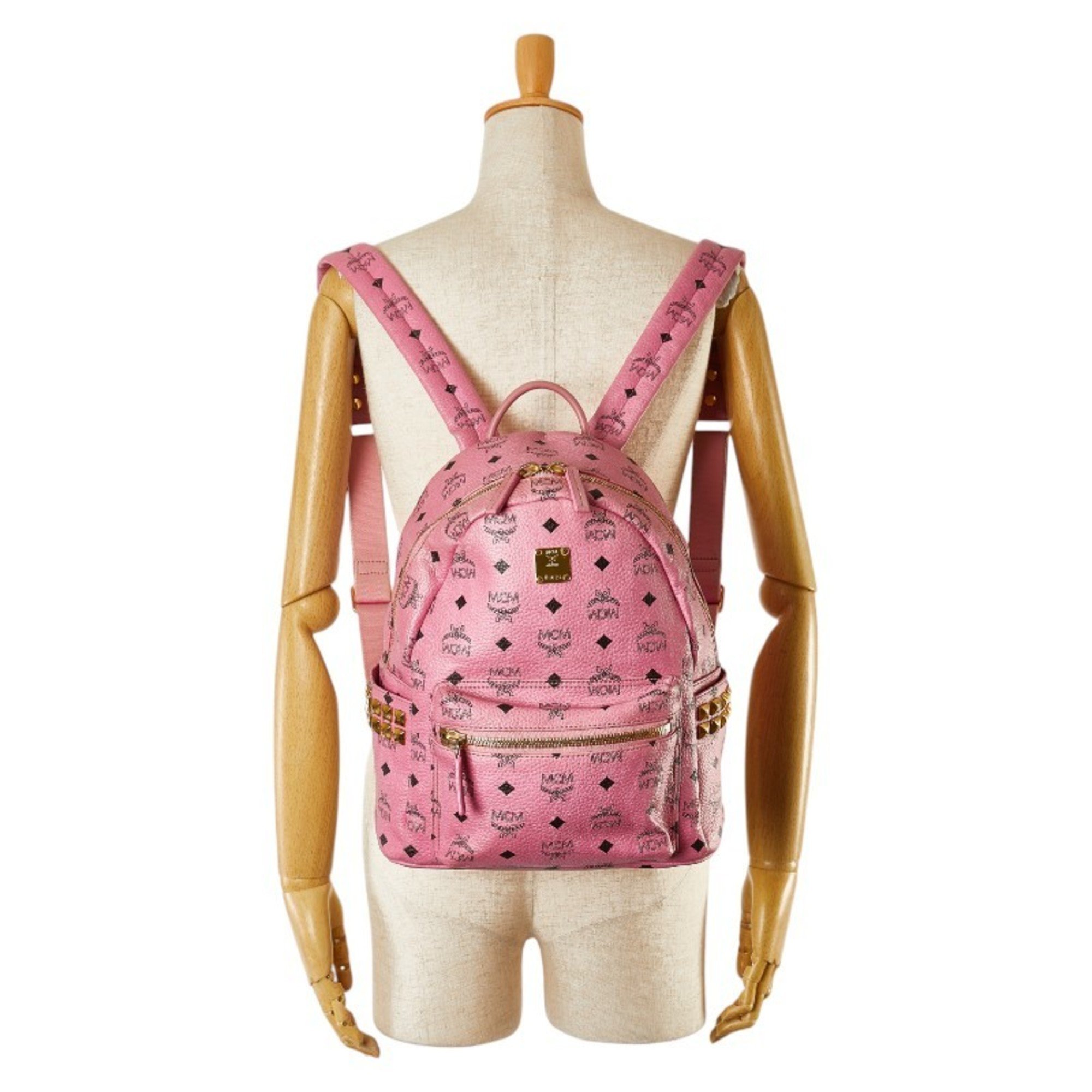 MCM Visetos Glam Studs Backpack Pink PVC Leather Women's