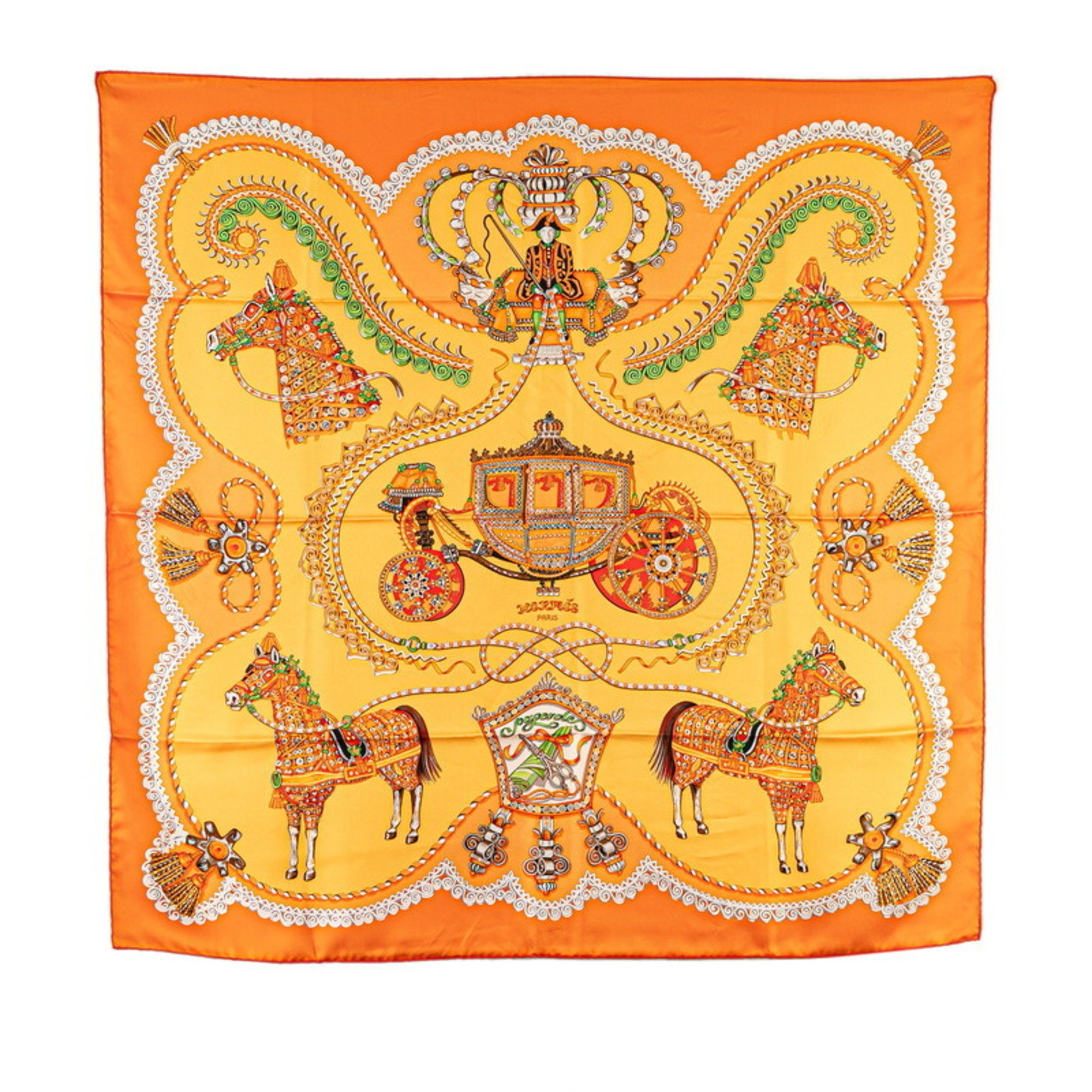 Hermes Carre 90 PAPEROLES Carriage and Nobles Scarf Muffler Orange Multicolor Silk Women's HERMES