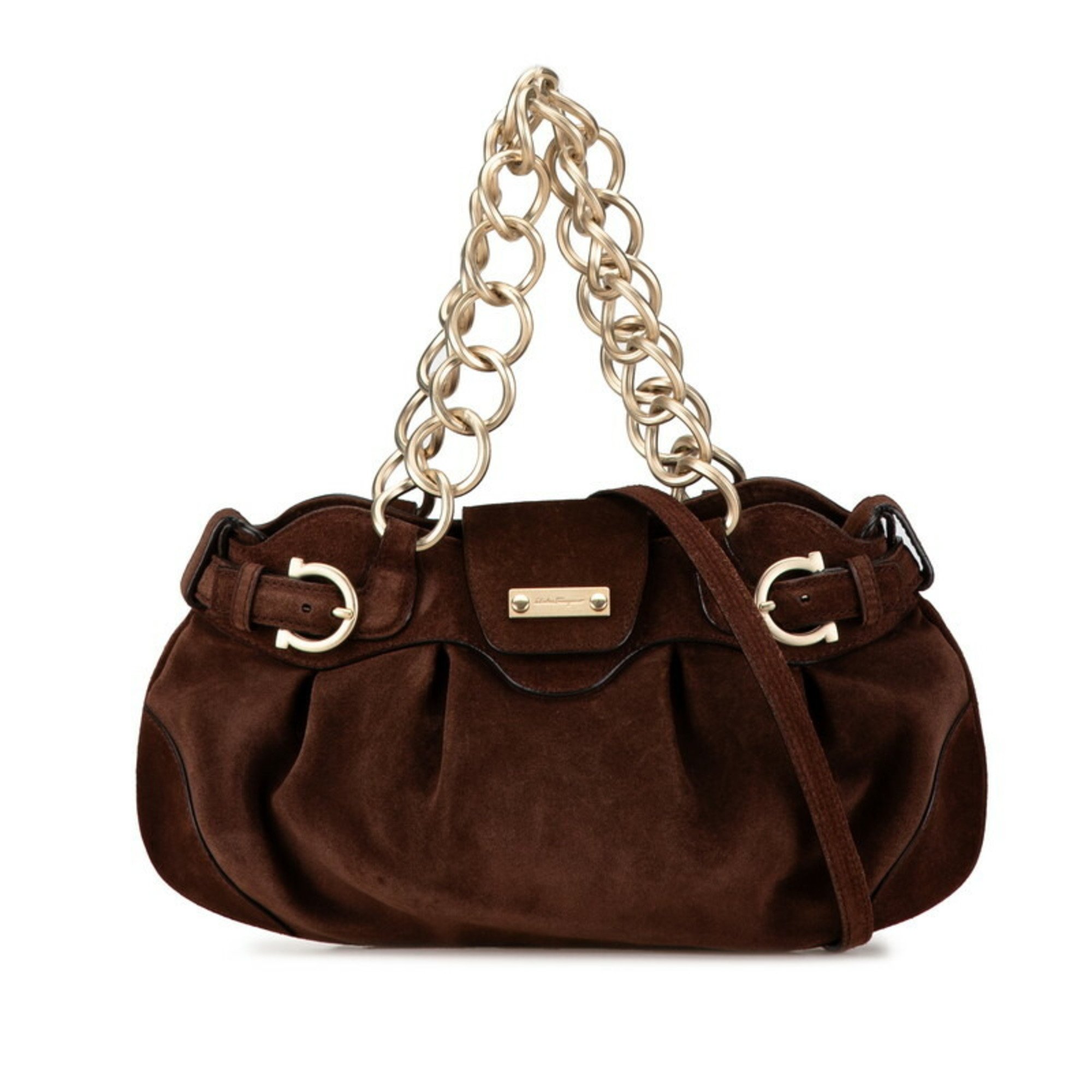 Salvatore Ferragamo Gancini Chain Handbag Shoulder Bag Brown Suede Women's