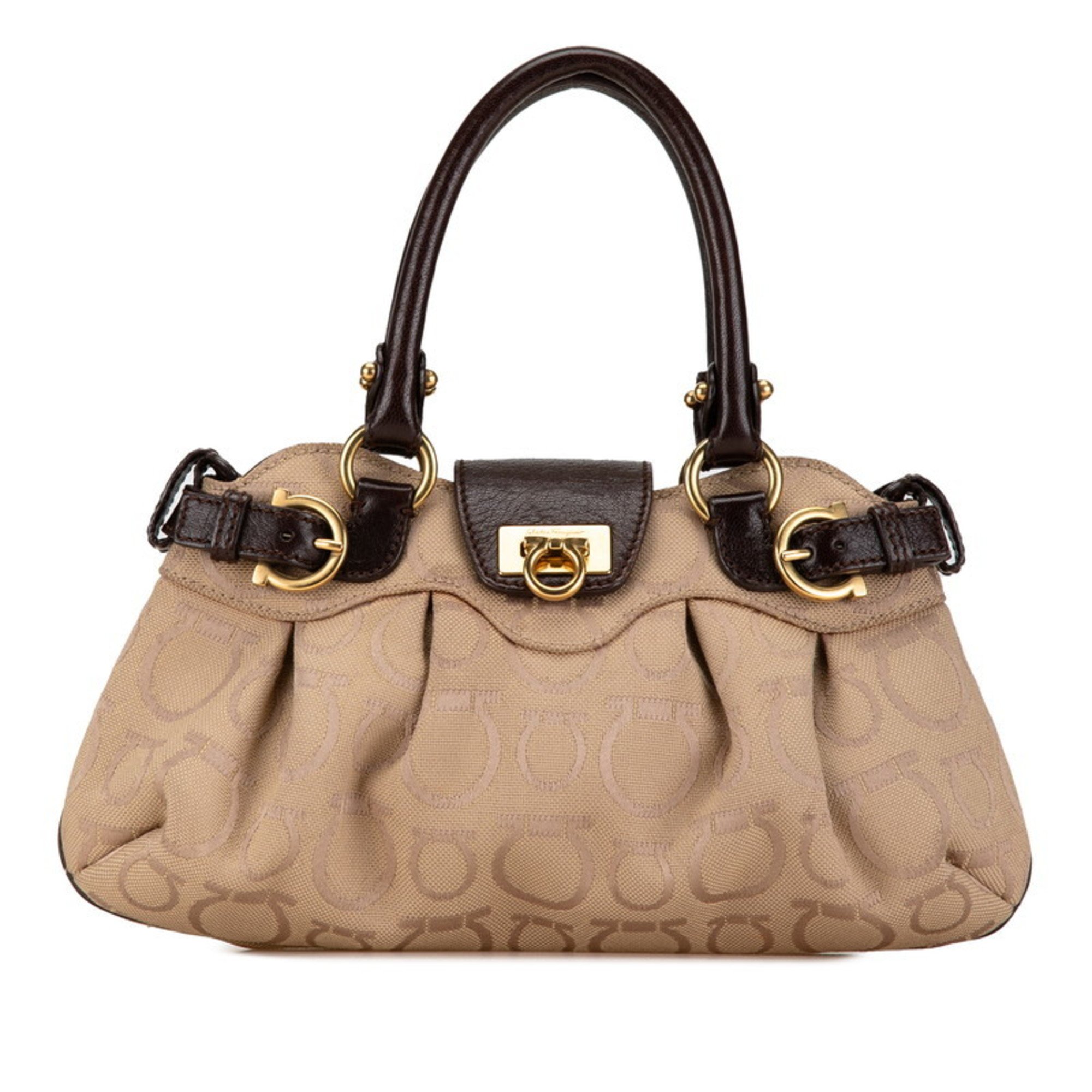 Salvatore Ferragamo Gancini Handbag Beige Brown Canvas Leather Women's