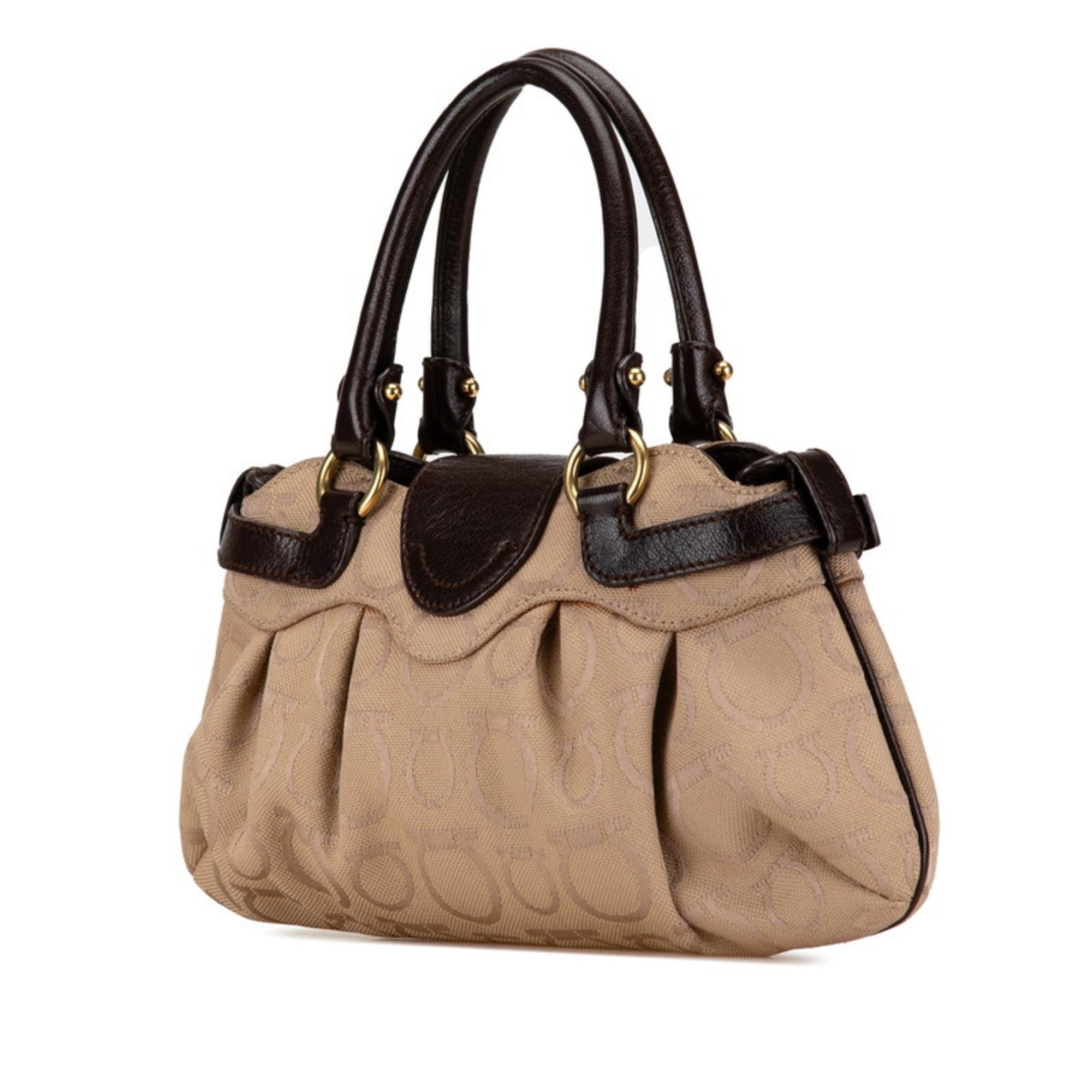 Salvatore Ferragamo Gancini Handbag Beige Brown Canvas Leather Women's