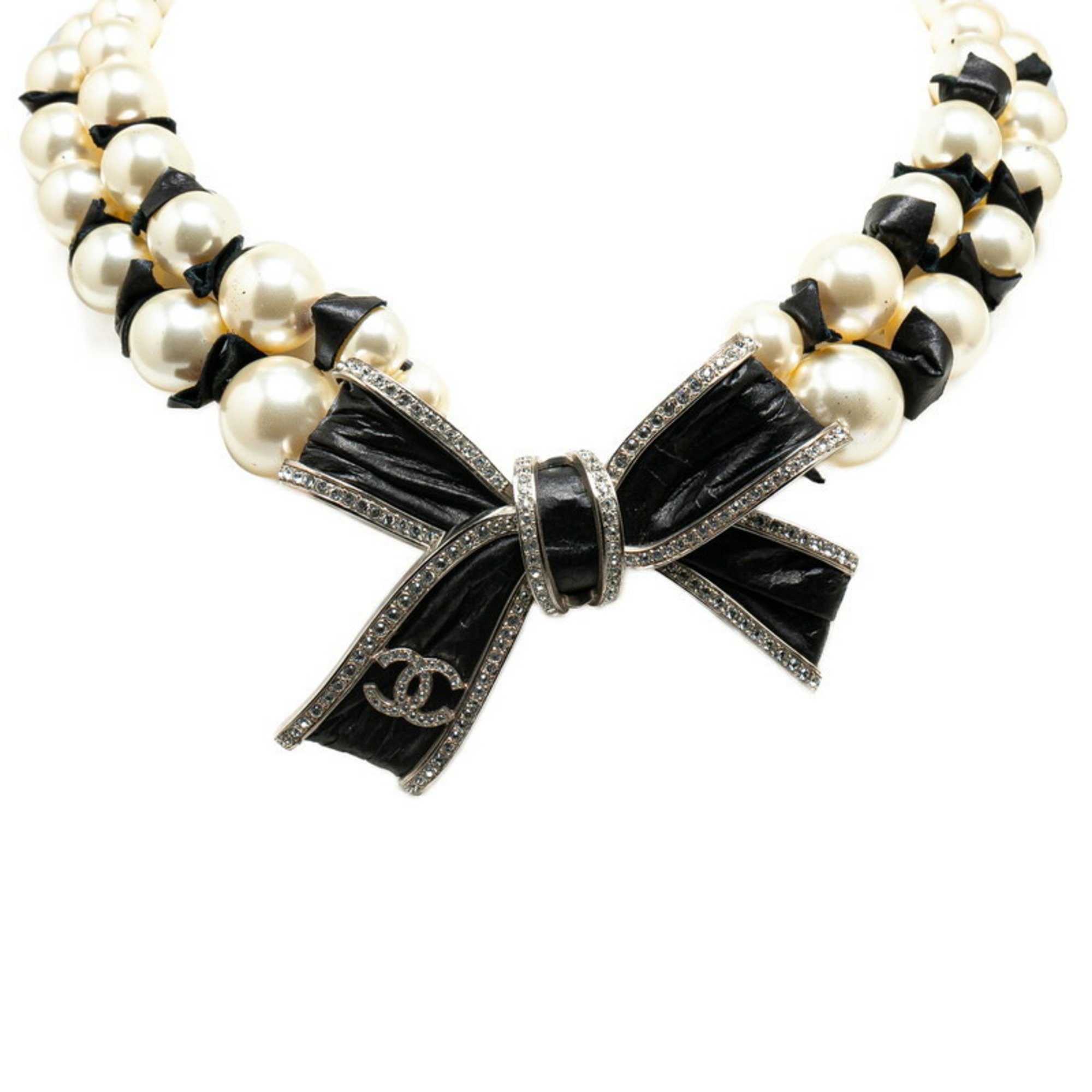 Chanel ribbon motif Coco mark rhinestone necklace silver black fake pearl metal women's CHANEL