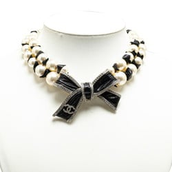 Chanel ribbon motif Coco mark rhinestone necklace silver black fake pearl metal women's CHANEL