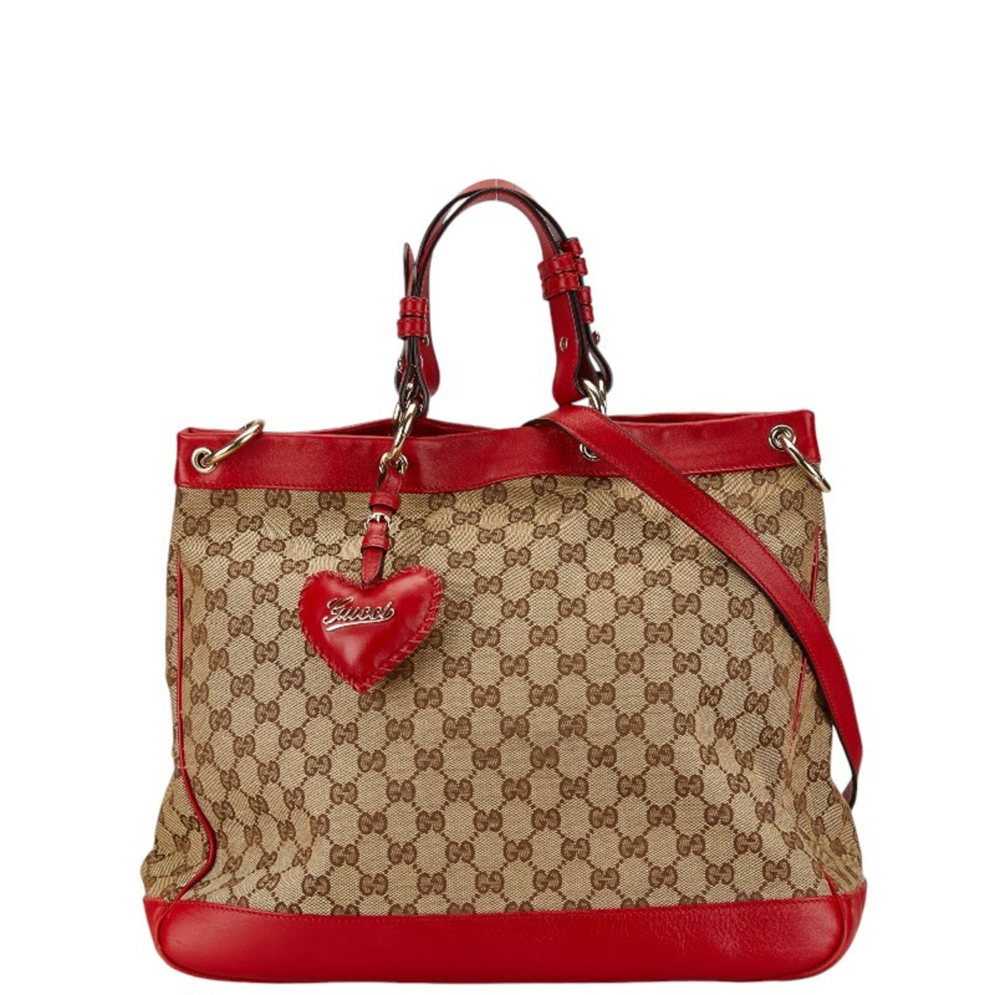 Gucci GG Canvas Valentine Handbag Shoulder Bag 282342 Beige Red Leather Women's GUCCI