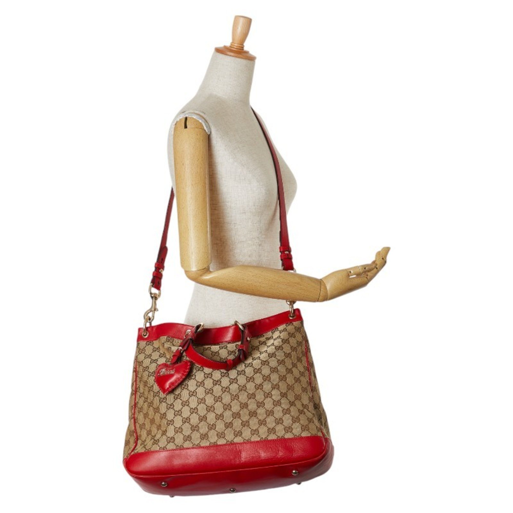 Gucci GG Canvas Valentine Handbag Shoulder Bag 282342 Beige Red Leather Women's GUCCI