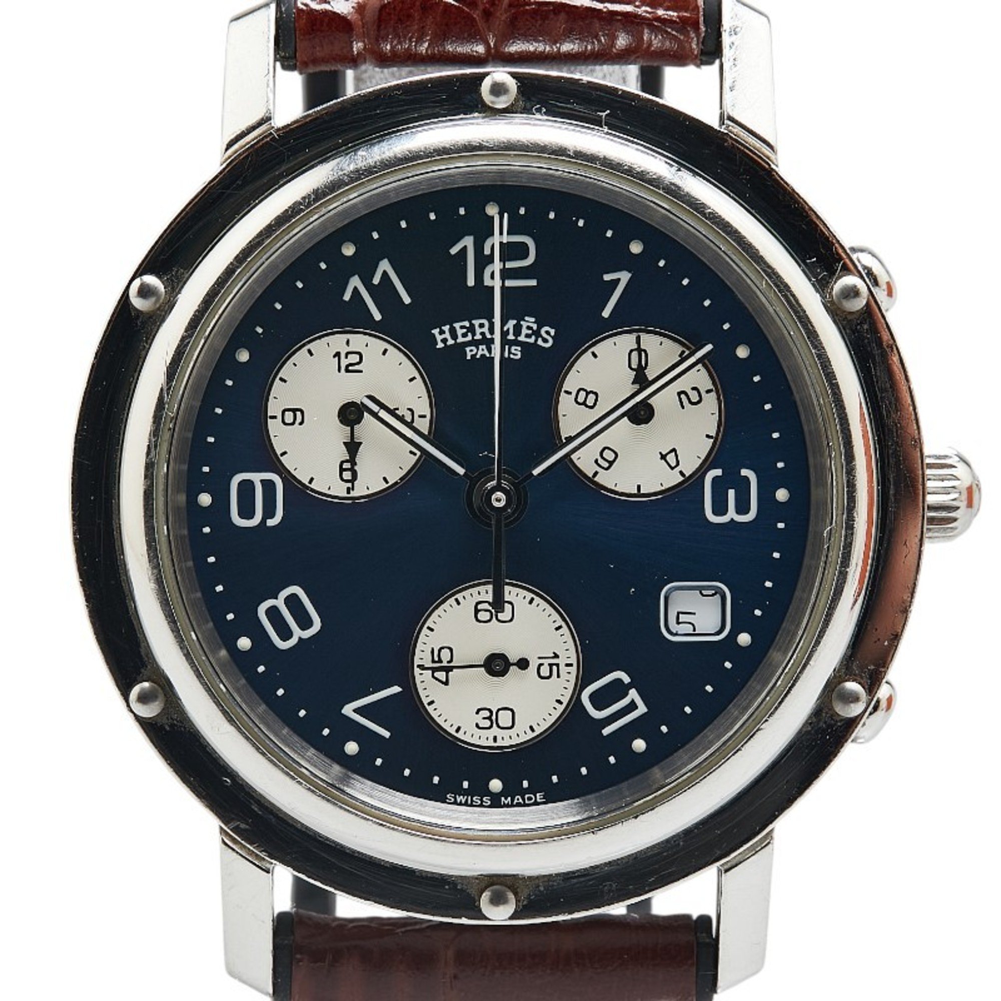 Hermes Clipper Chrono Watch CL1.910 Quartz Navy Dial Stainless Steel Leather Men's HERMES