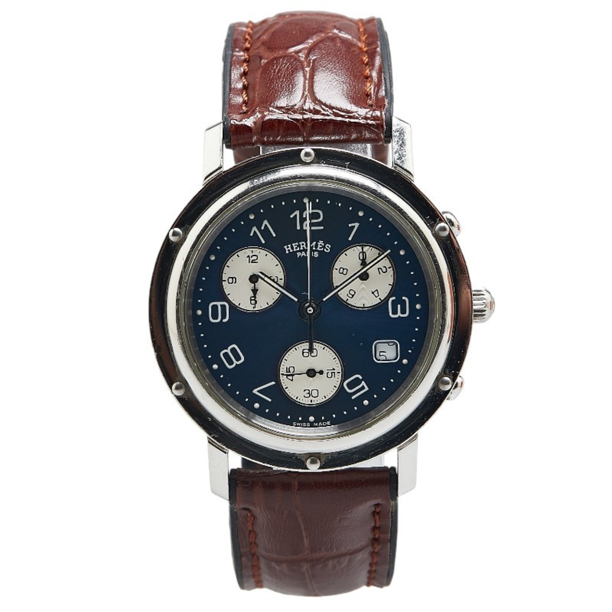 Hermes Clipper Chrono Watch CL1.910 Quartz Navy Dial Stainless Steel Leather Men's HERMES