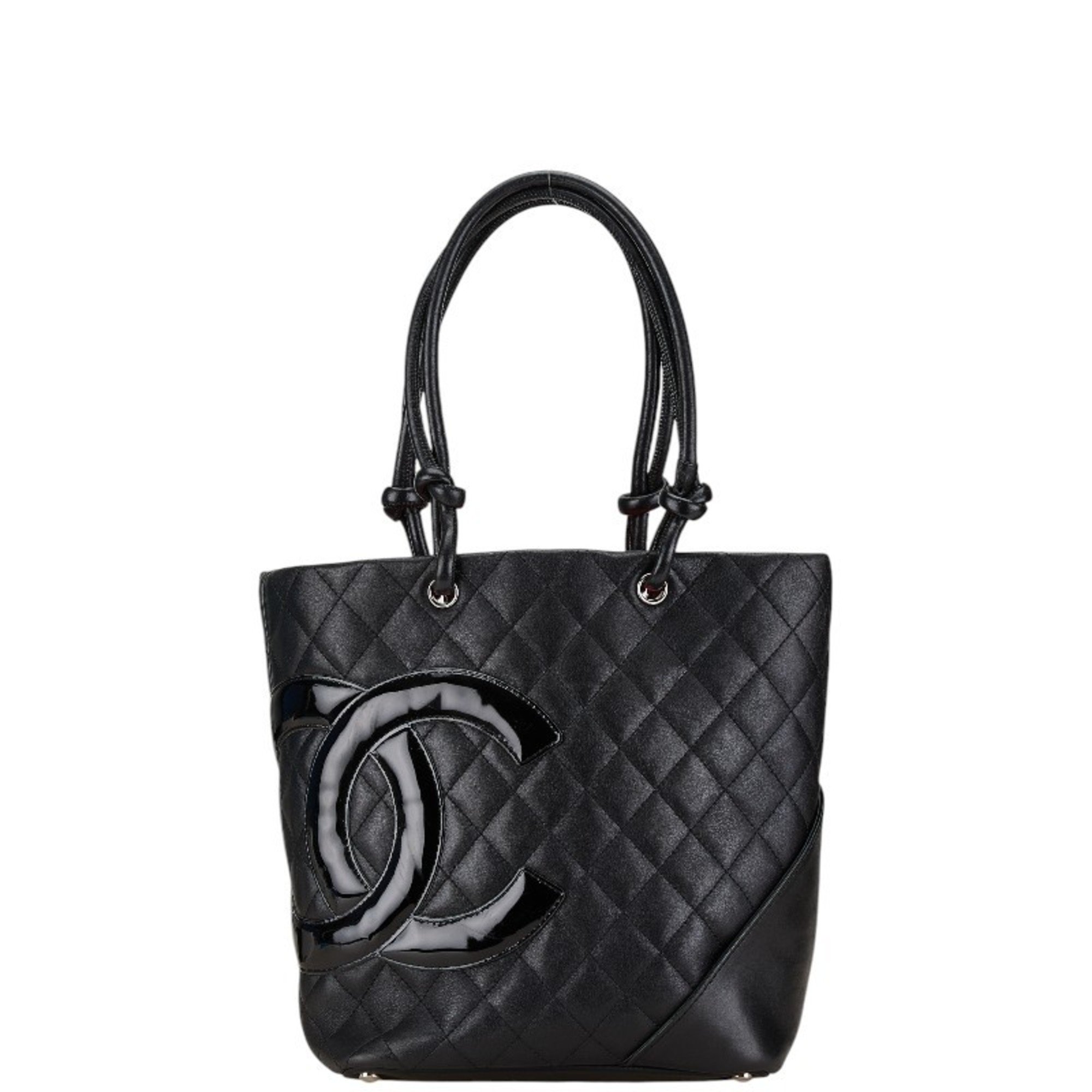 CHANEL Cambon Line Coco Mark Quilted Tote Bag Black Lambskin Patent Leather Women's