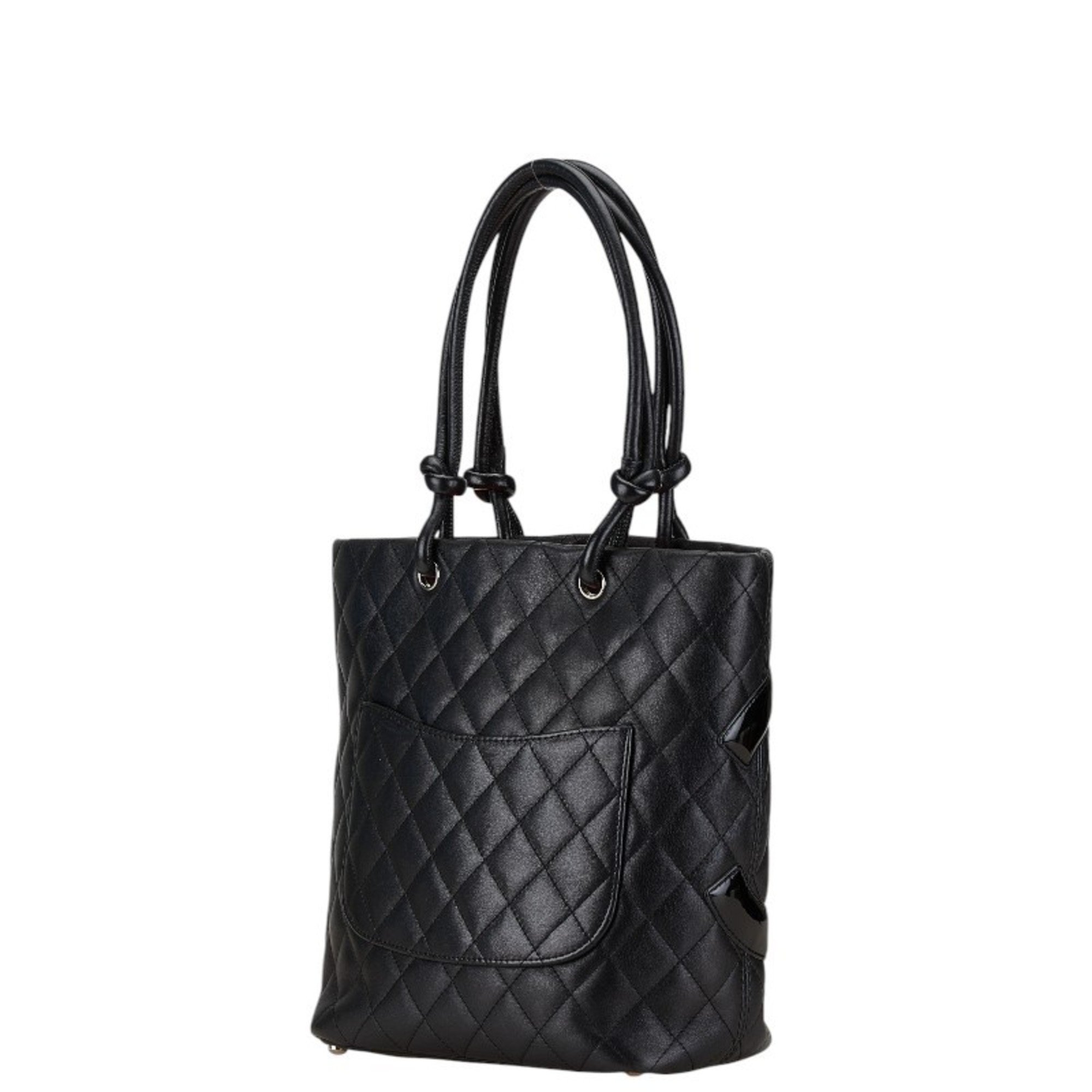 CHANEL Cambon Line Coco Mark Quilted Tote Bag Black Lambskin Patent Leather Women's