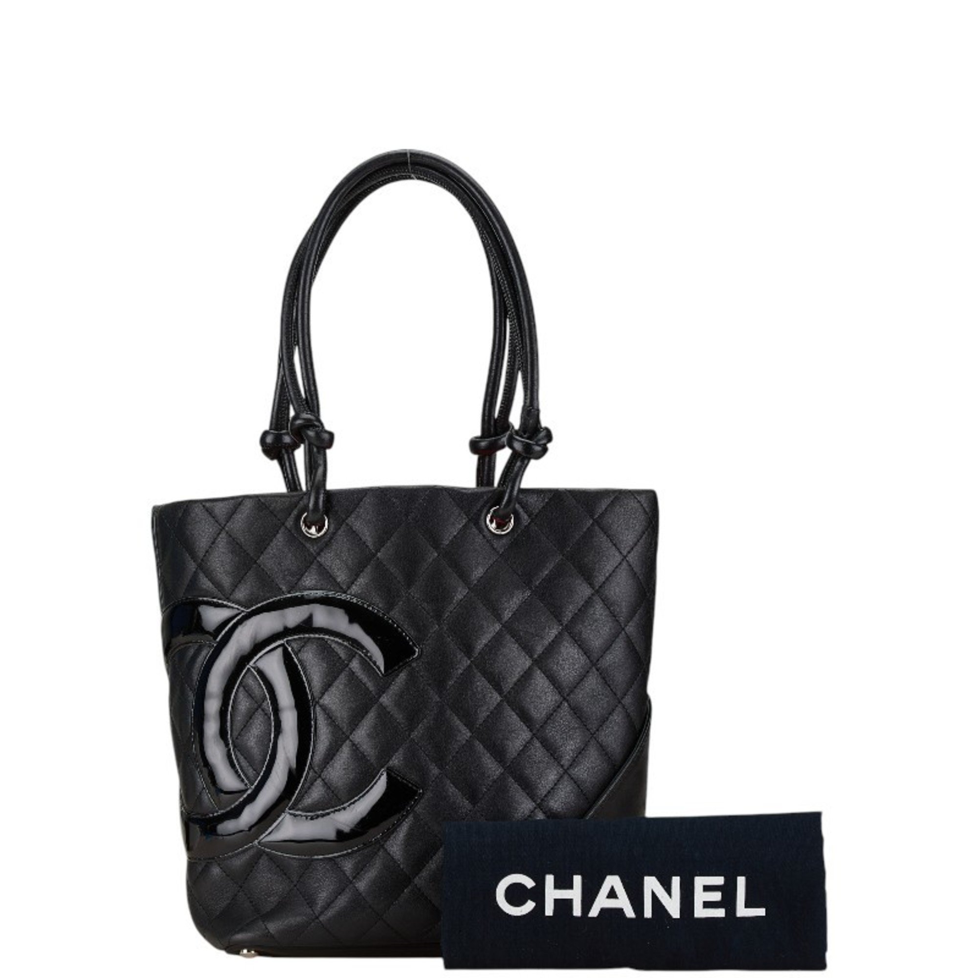 CHANEL Cambon Line Coco Mark Quilted Tote Bag Black Lambskin Patent Leather Women's