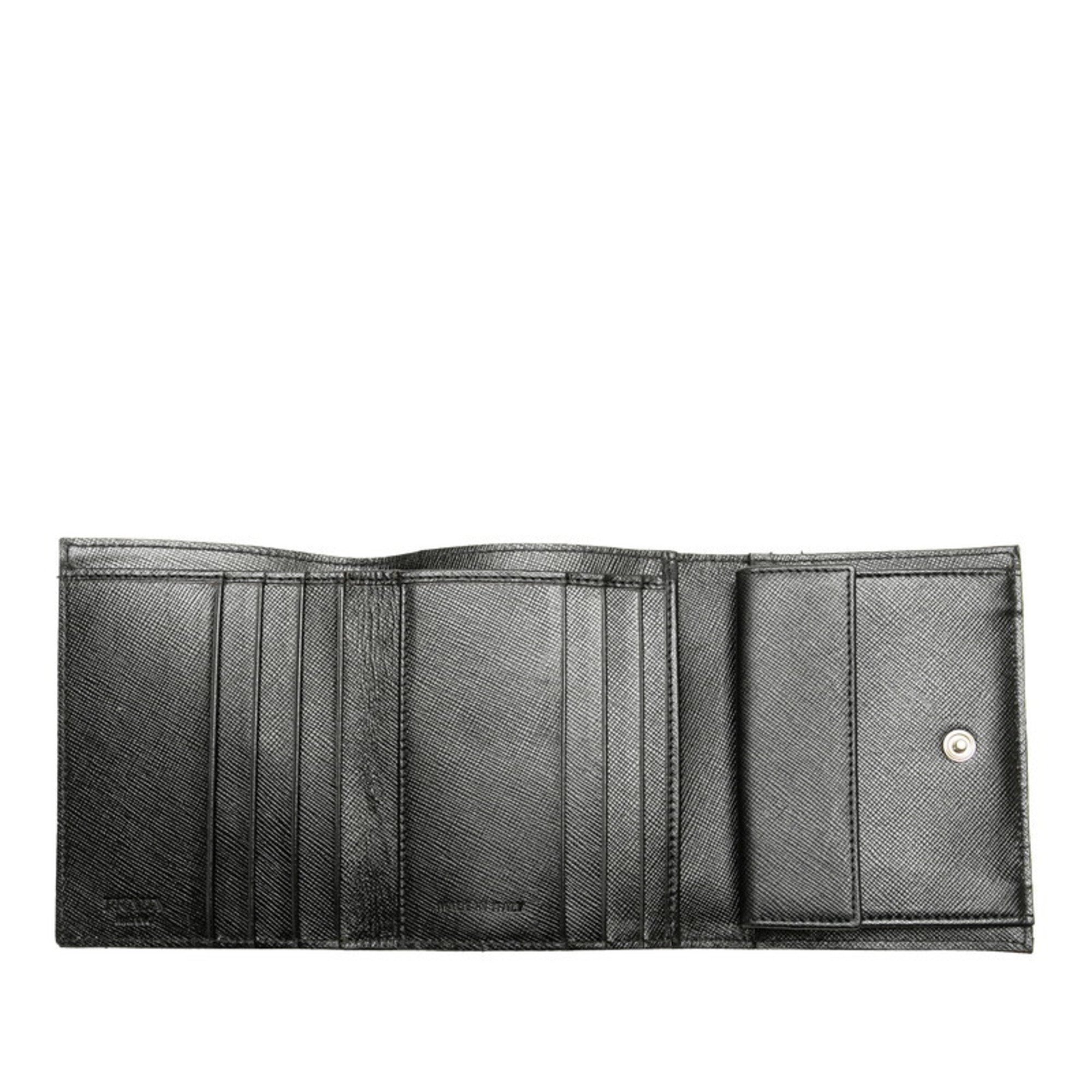 Prada Triangle Plate Tri-fold Wallet Black Leather Nylon Women's PRADA