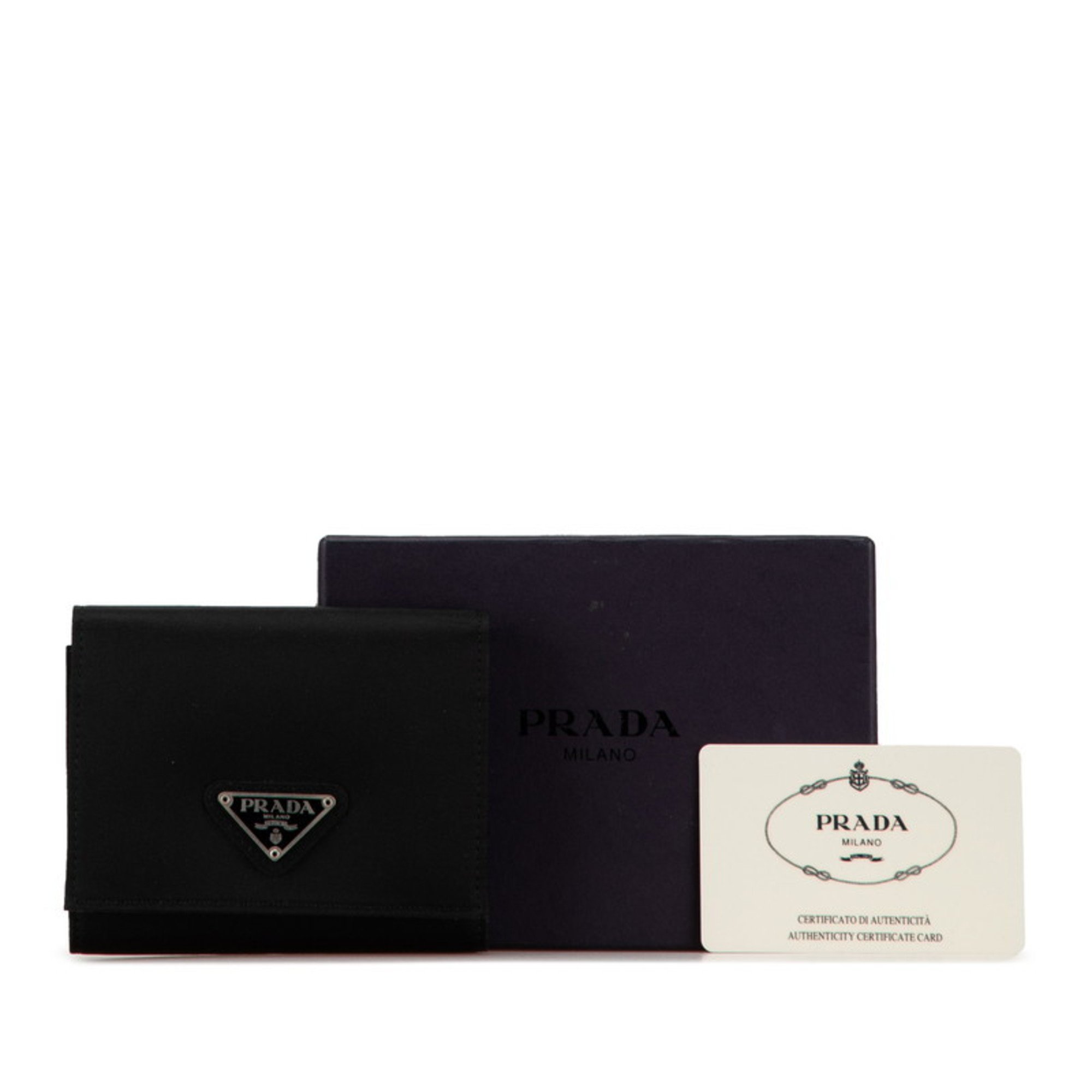 Prada Triangle Plate Tri-fold Wallet Black Leather Nylon Women's PRADA